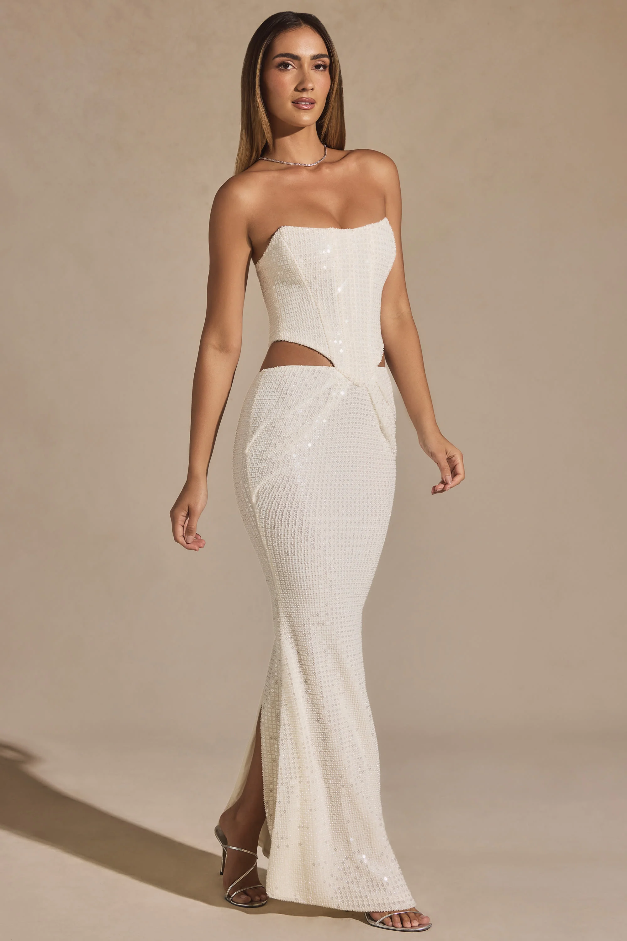 Embellished Cut-Out Draped Corset Gown in White