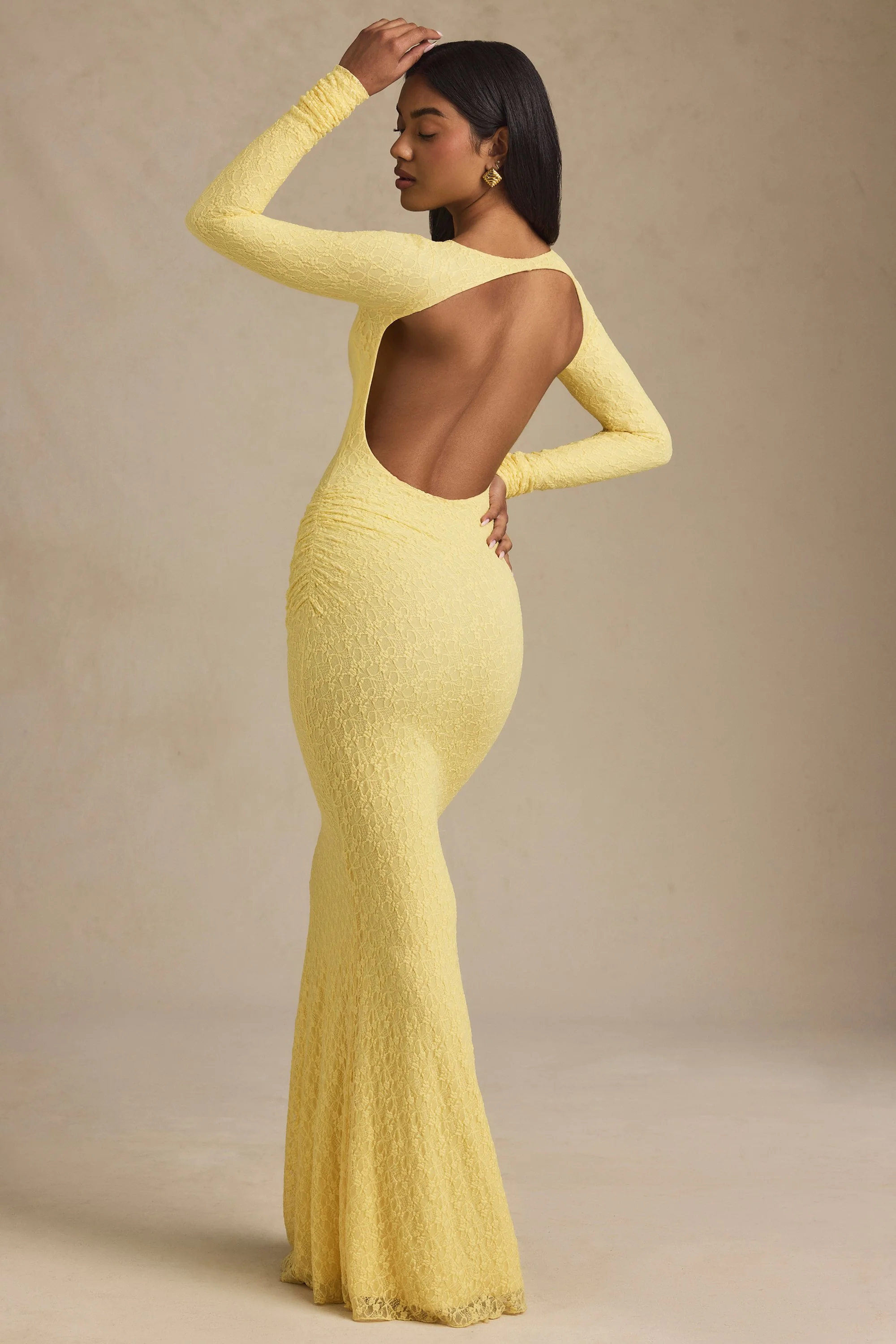 Ruched Backless Lace Maxi Dress in Pastel Yellow