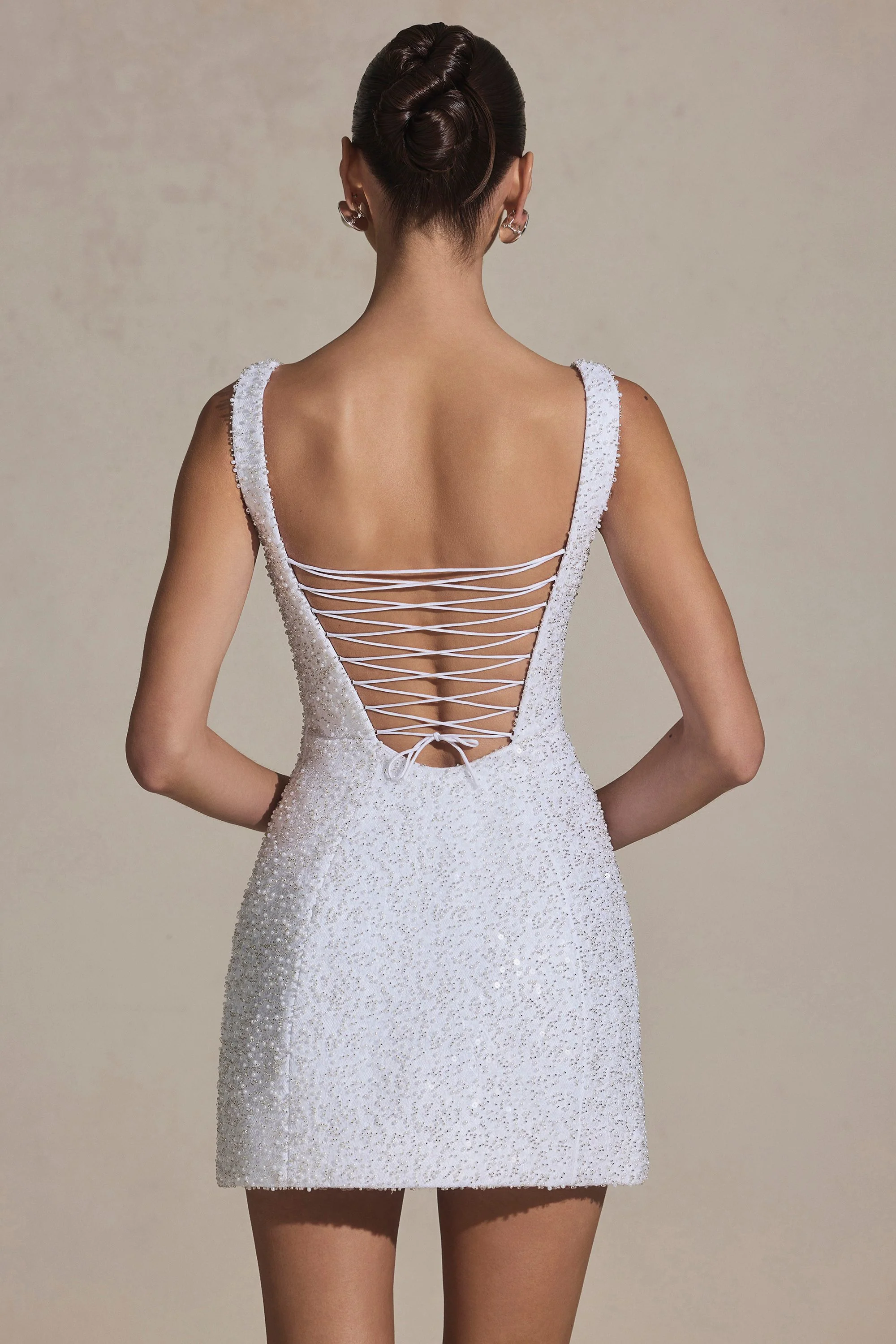 Embellished Structured A-Line Mini Dress in White