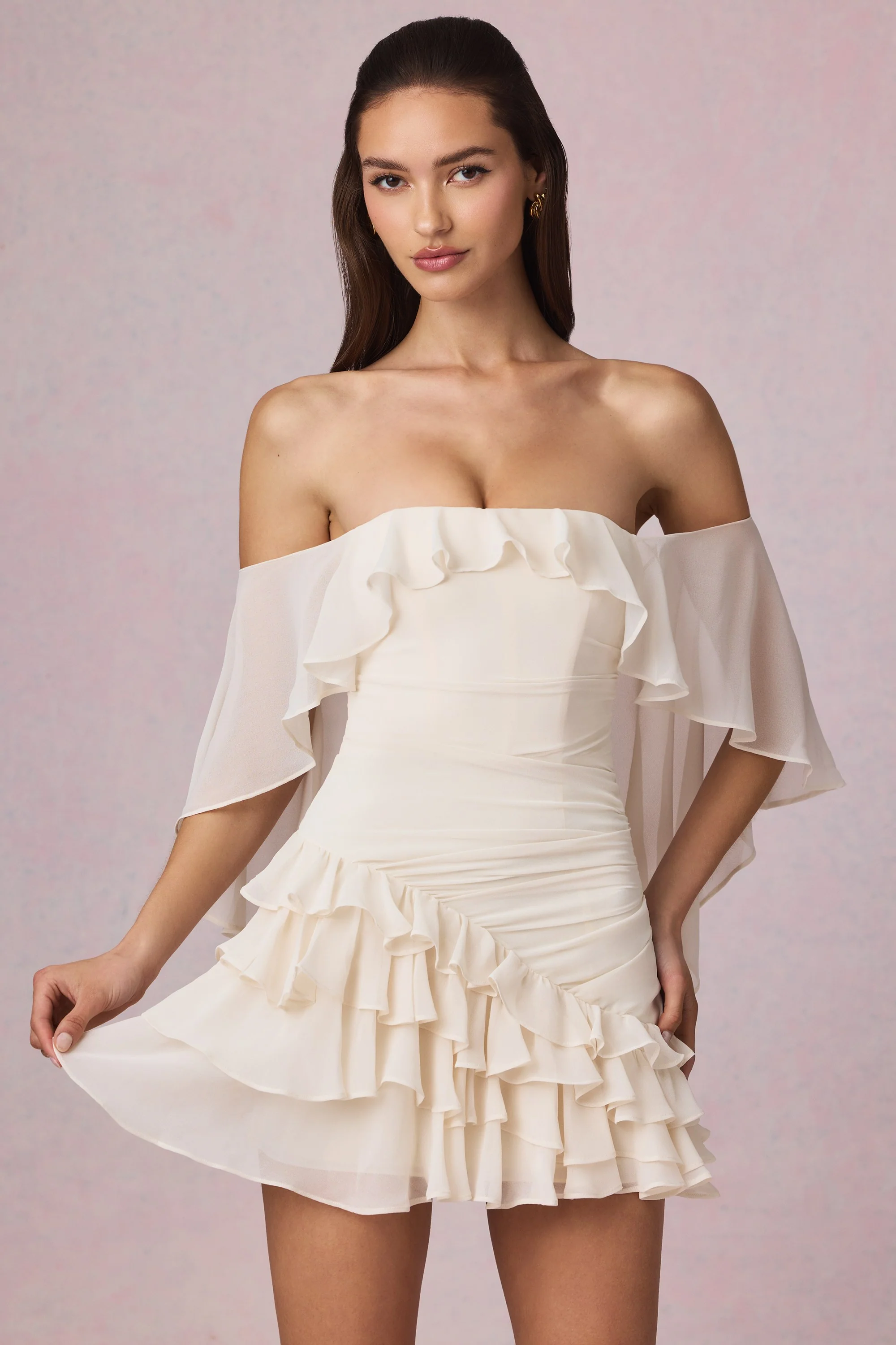 Off-Shoulder Ruffled Mini Dress in Ivory
