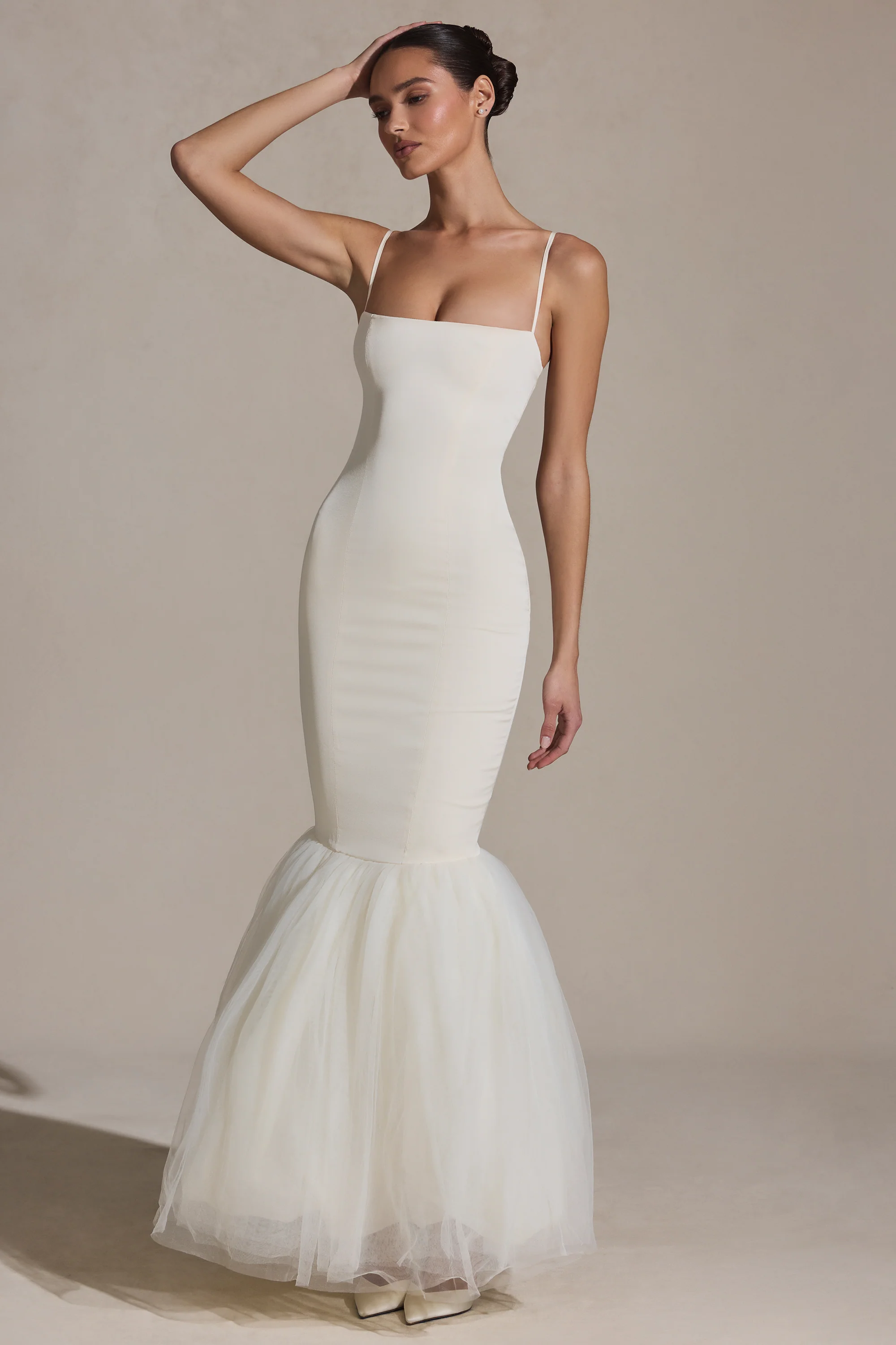 Tulle Hem Fishtail Gown in Ivory