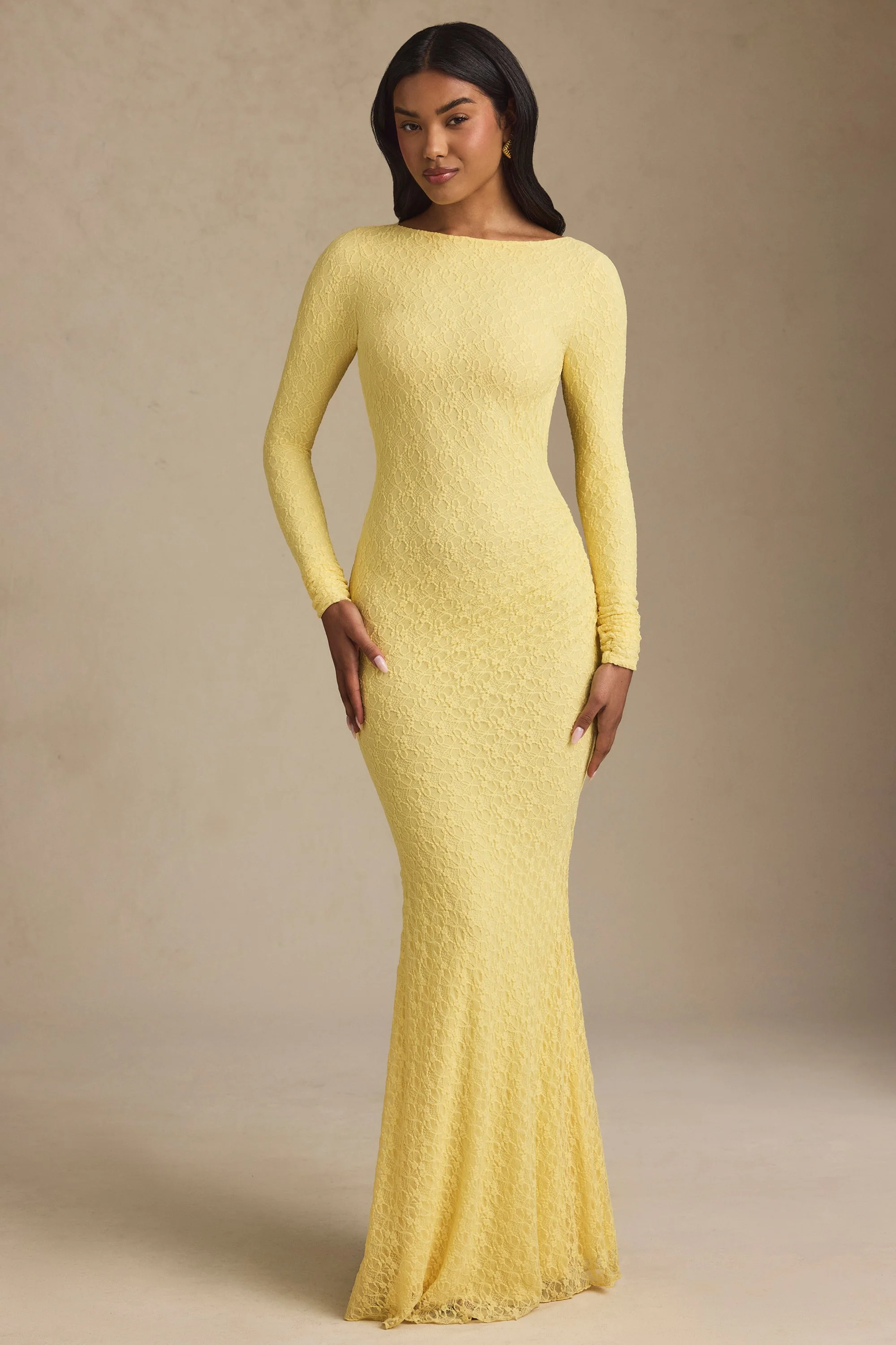 Ruched Backless Lace Maxi Dress in Pastel Yellow