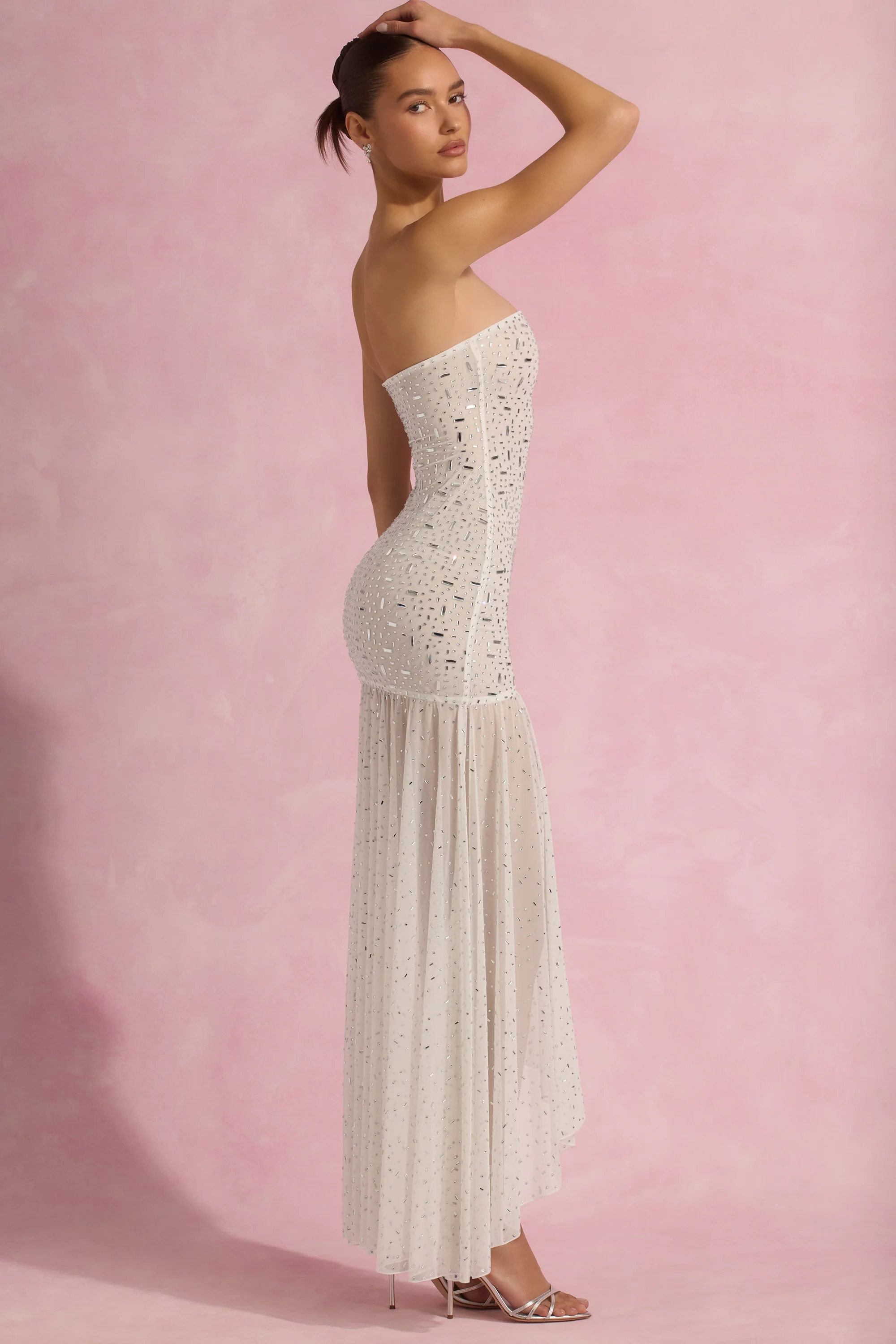 Semi-Sheer Embellished Asymmetric Maxi Dress in White