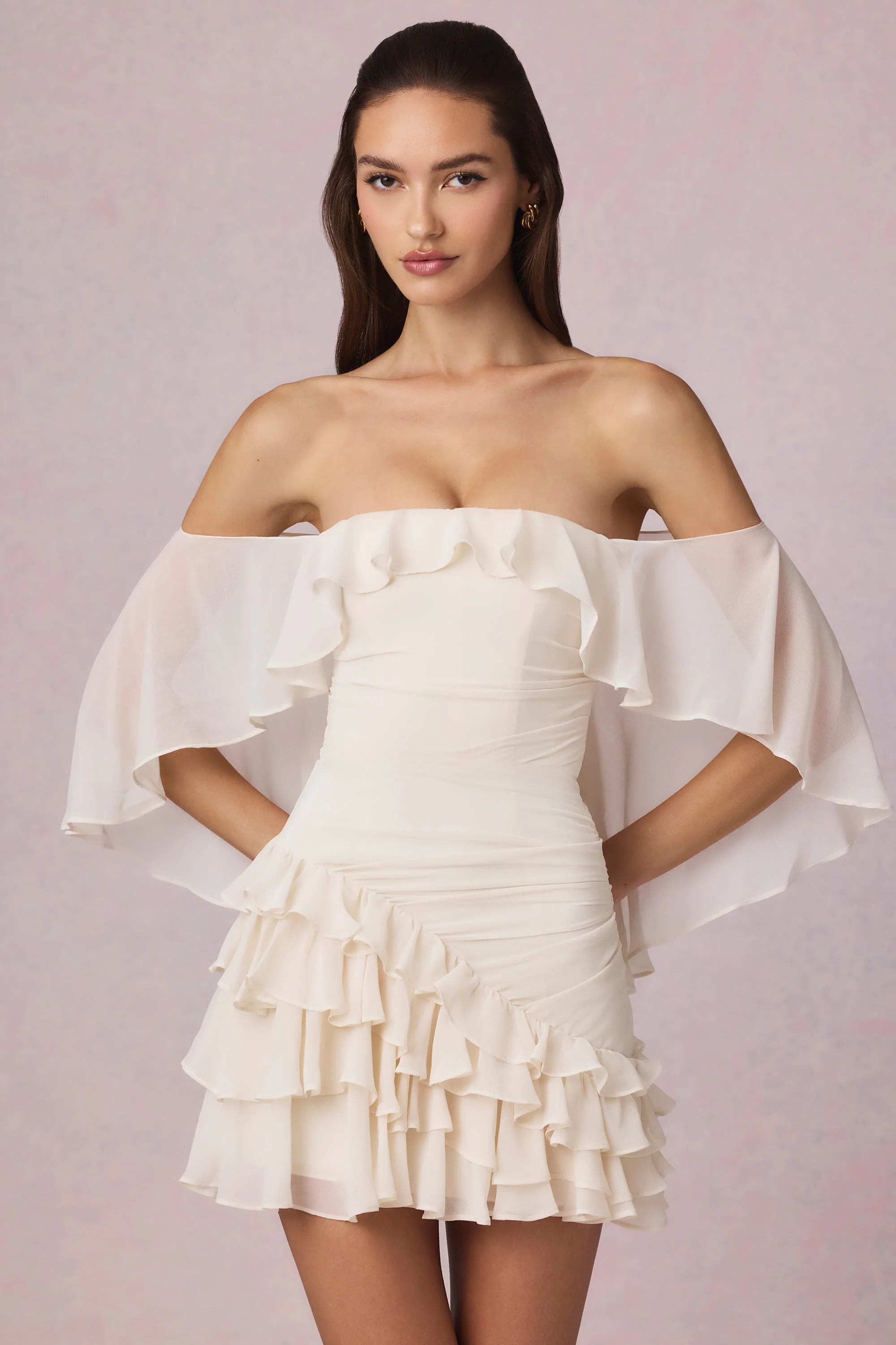 Off-Shoulder Ruffled Mini Dress in Ivory