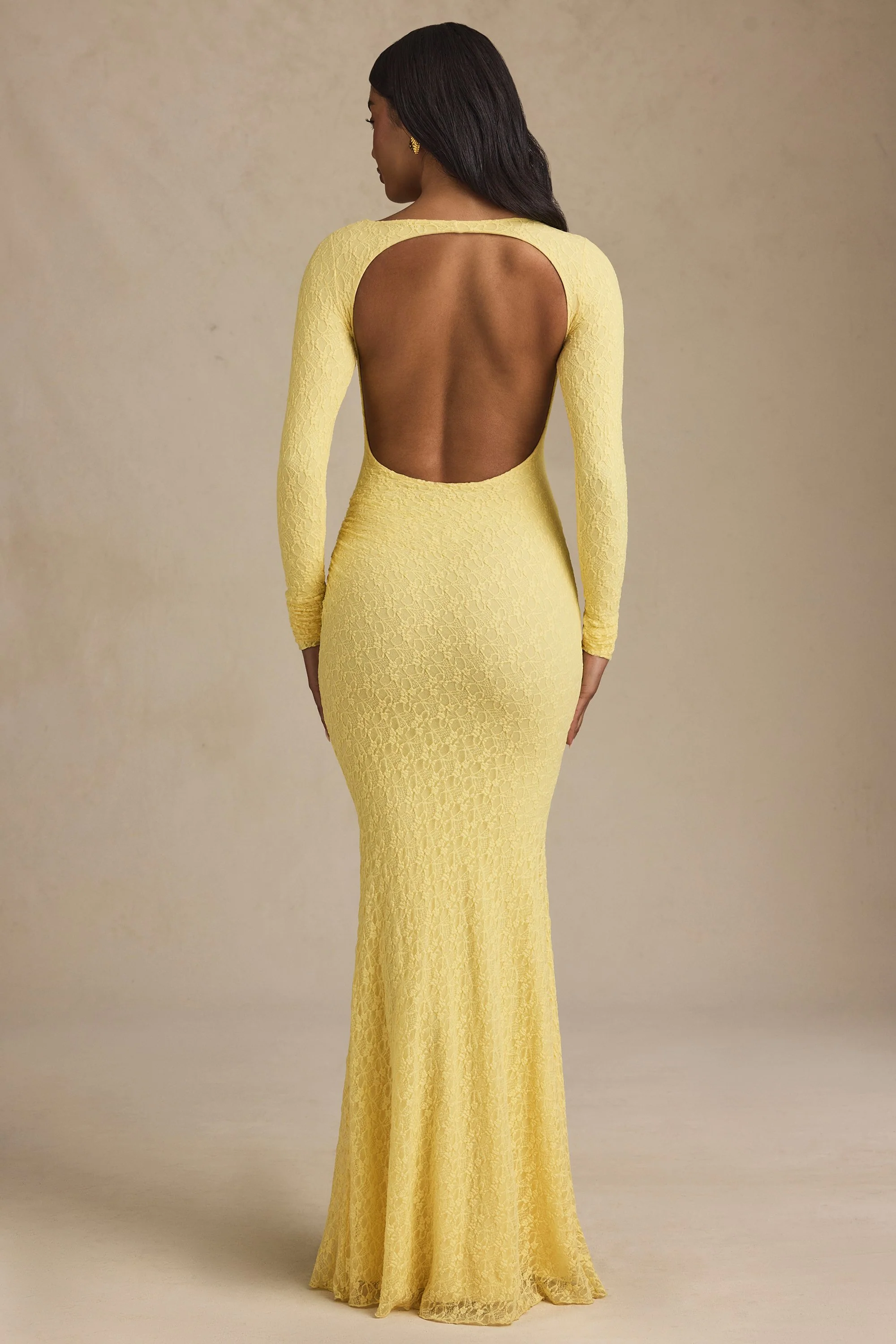 Ruched Backless Lace Maxi Dress in Pastel Yellow