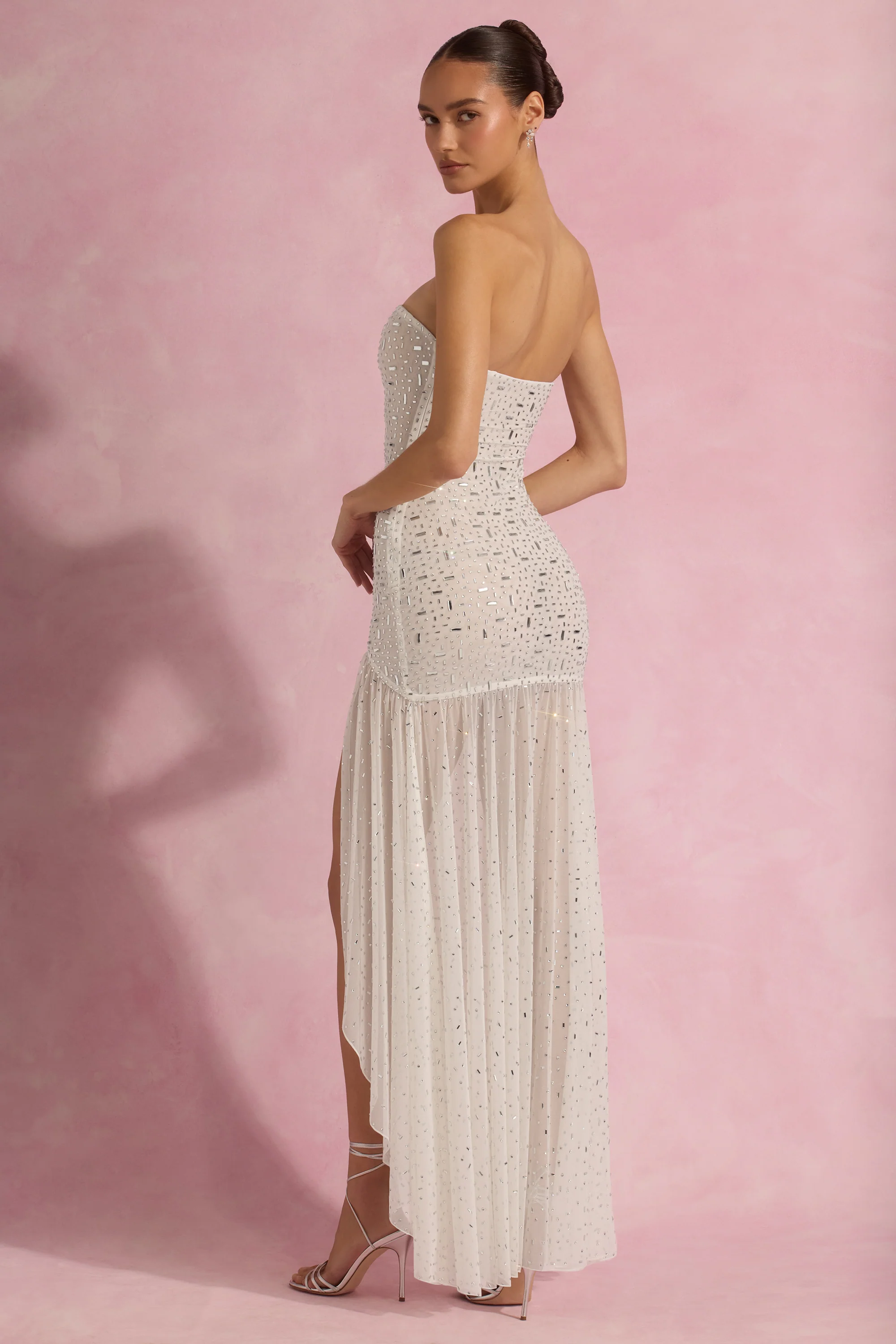 Semi-Sheer Embellished Asymmetric Maxi Dress in White