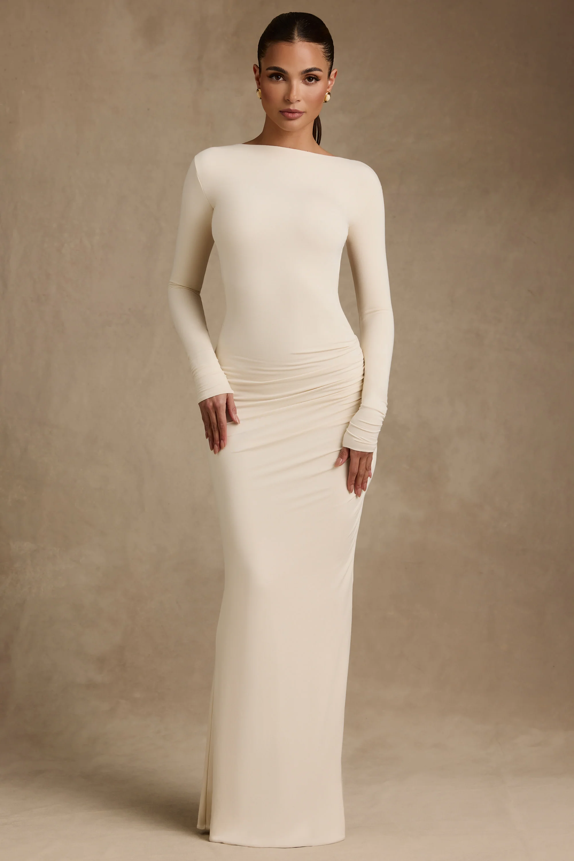 Modal Ruched Backless Maxi Dress in Ivory