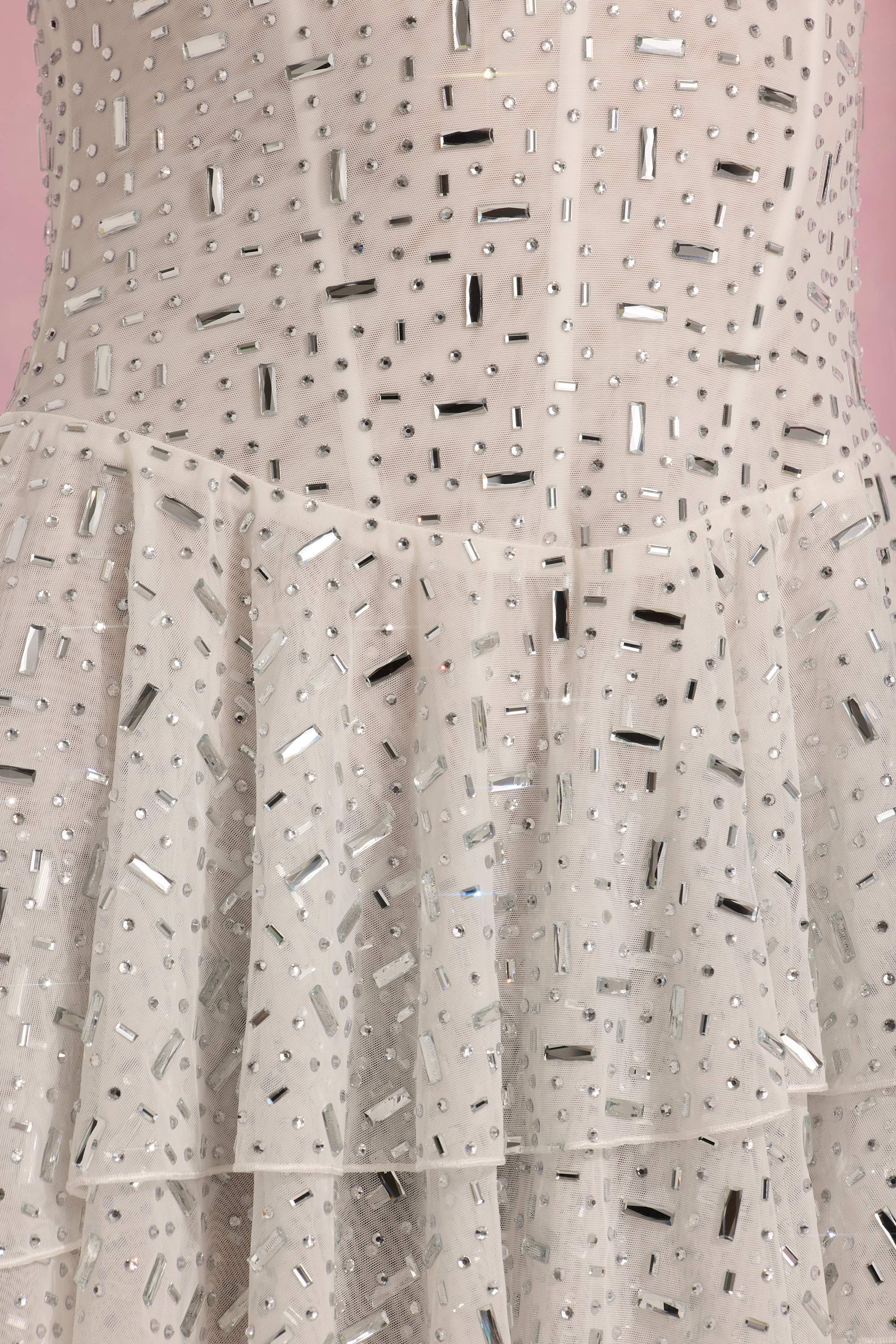 Embellished Ruffled Tiered Mini Dress in White