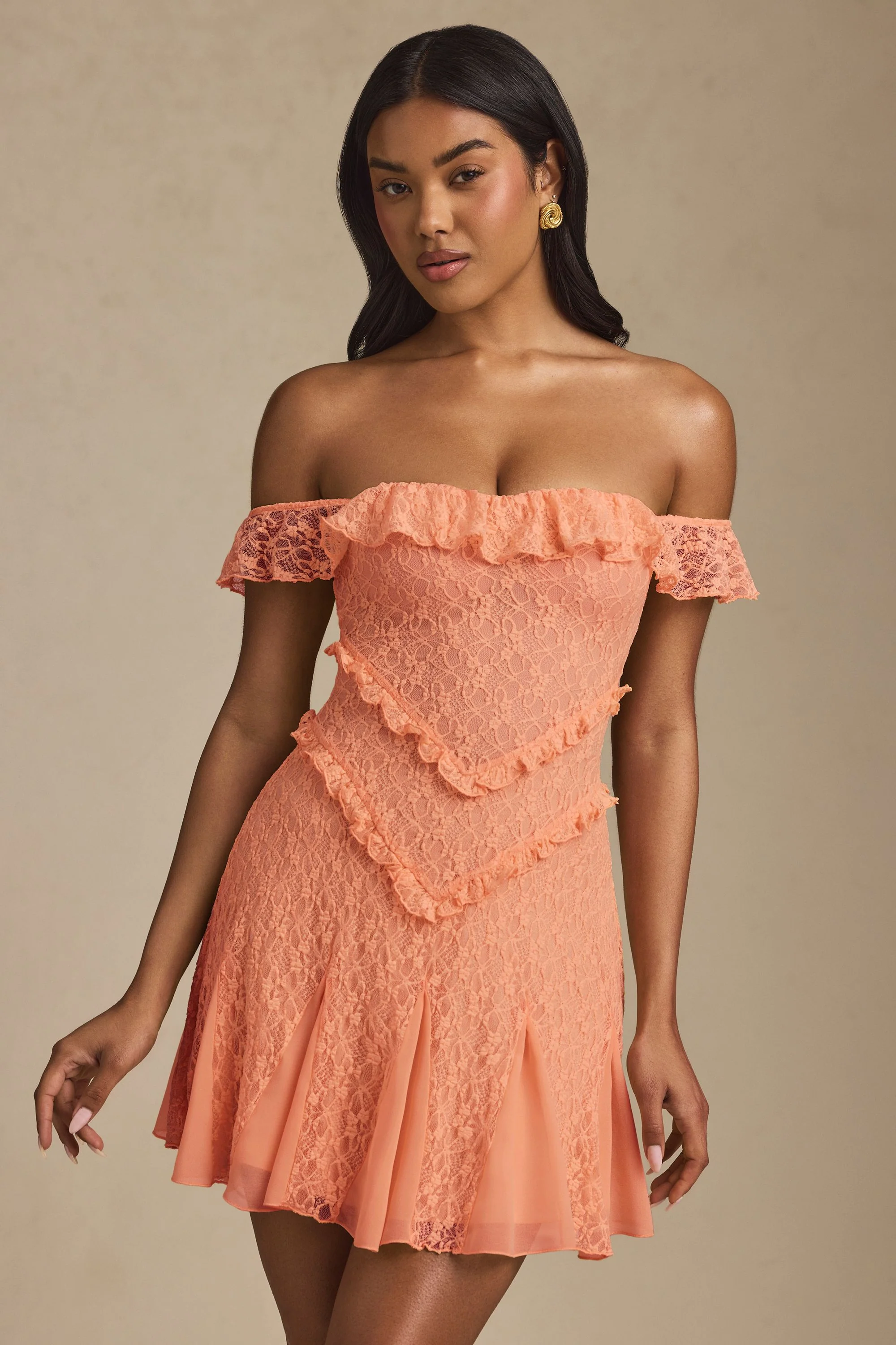 Off-Shoulder Lace A-Line Mini Dress in Peach