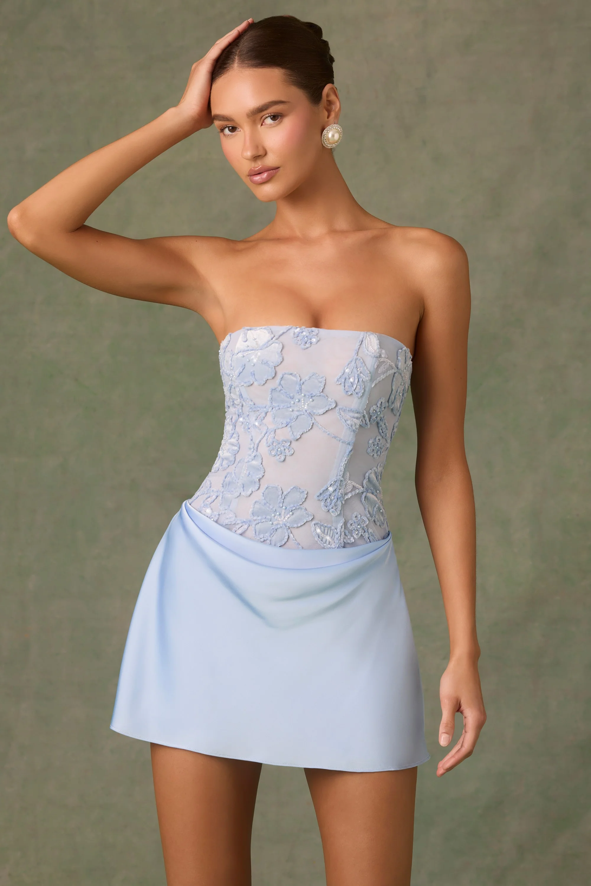 Embellished Draped Strapless A-Line Mini Dress in Sky Blue