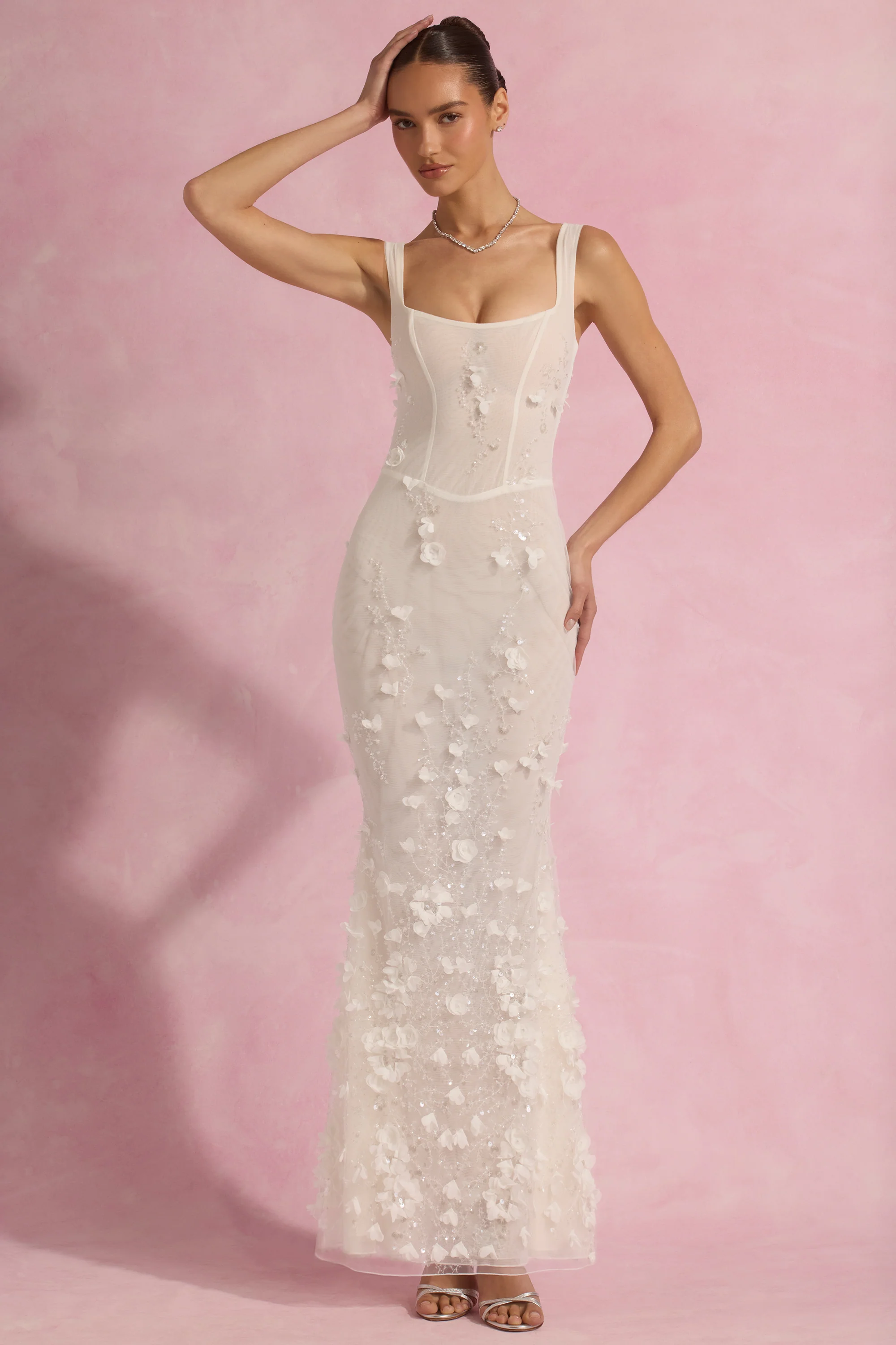 Embellished Fishtail Corset Gown in White
