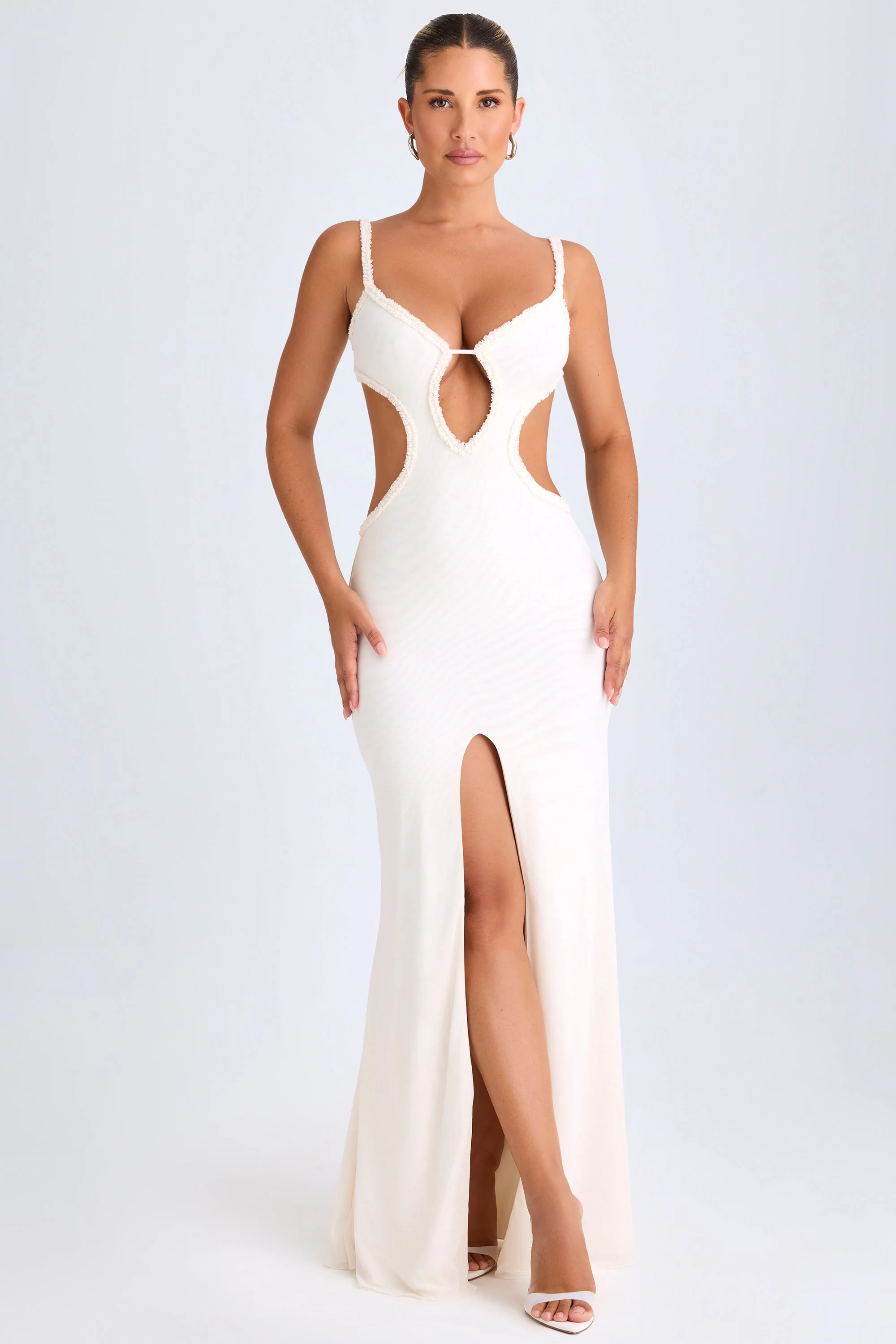 Ruffle-Appliqué Cut-Out Maxi Dress in White