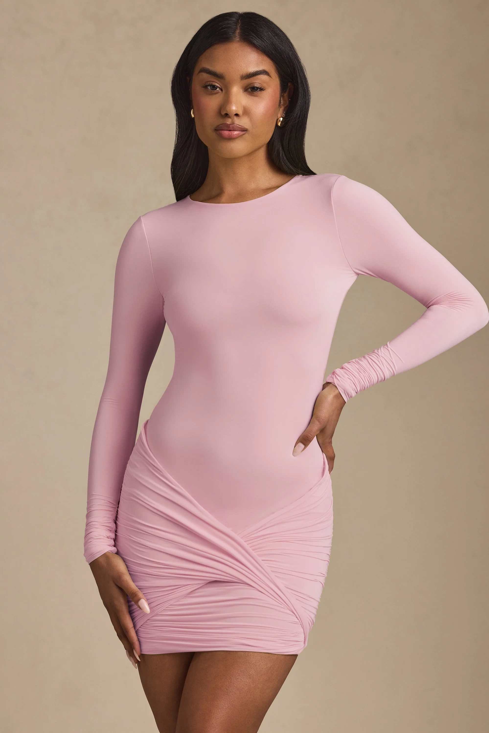 Twist-Front Ruched Backless Mini Dress in Soft Pink