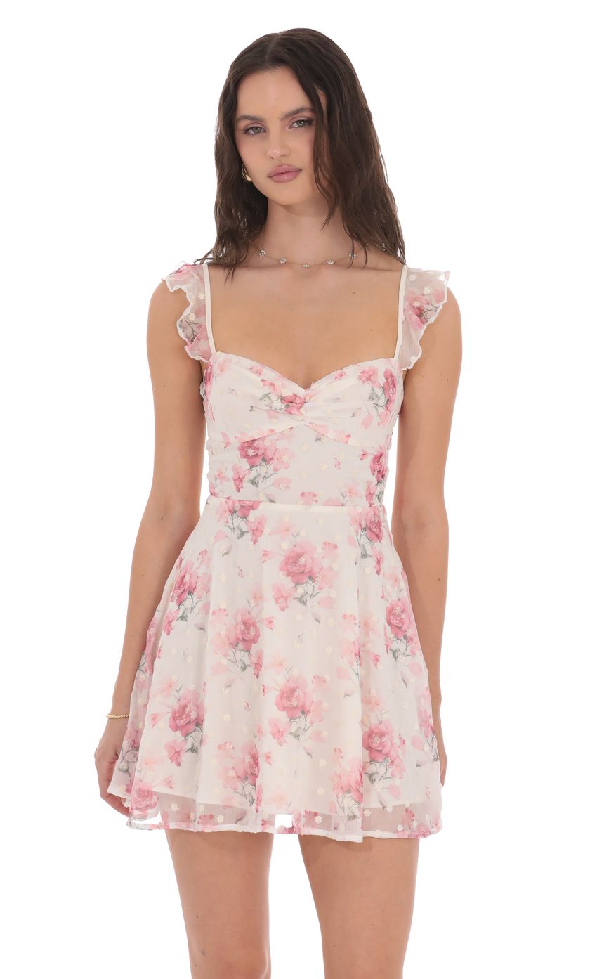 Floral Ruffle Strap A-Line Dress in Cream