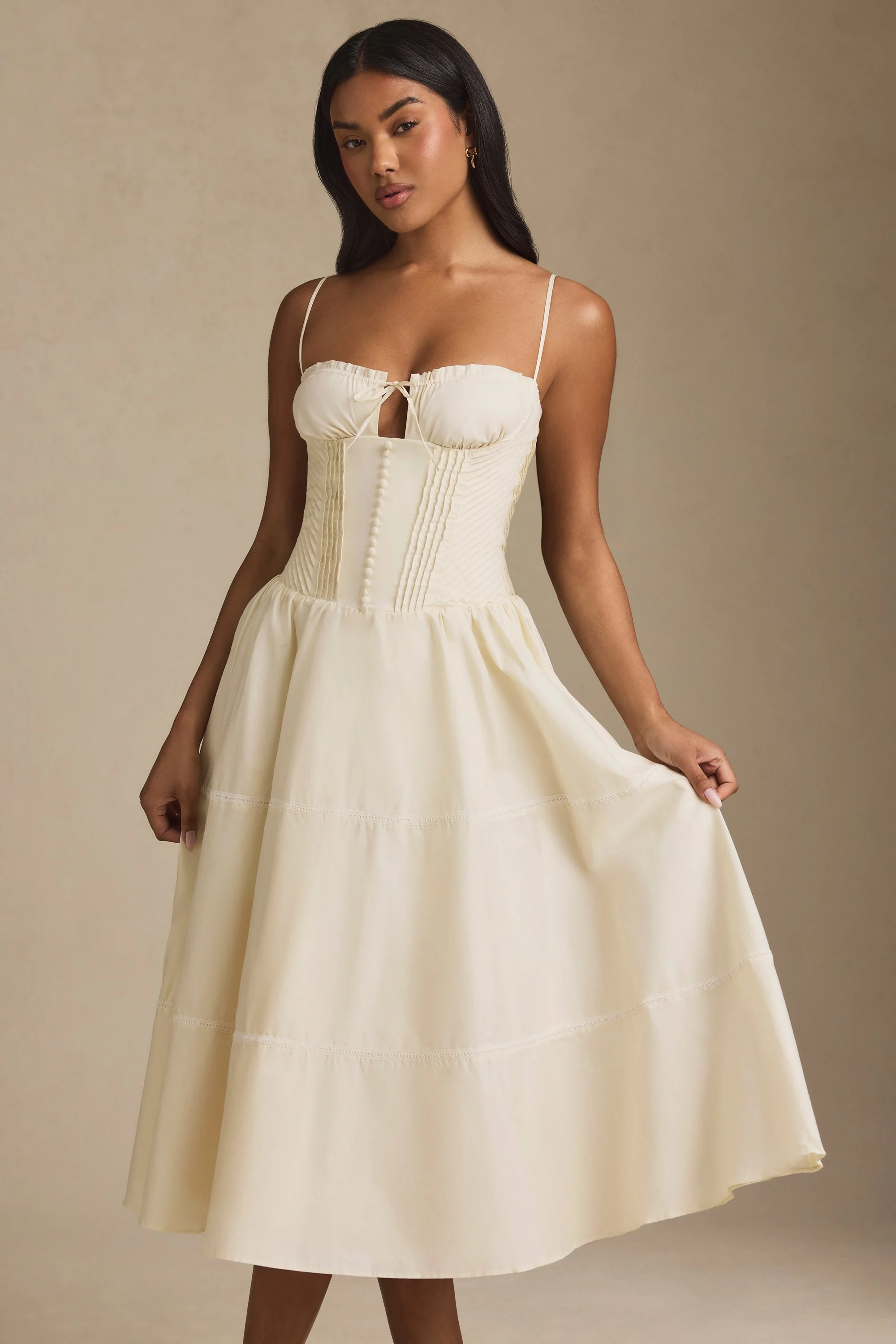 Lace-Trim Pintucked Poplin Midaxi Dress in Ivory