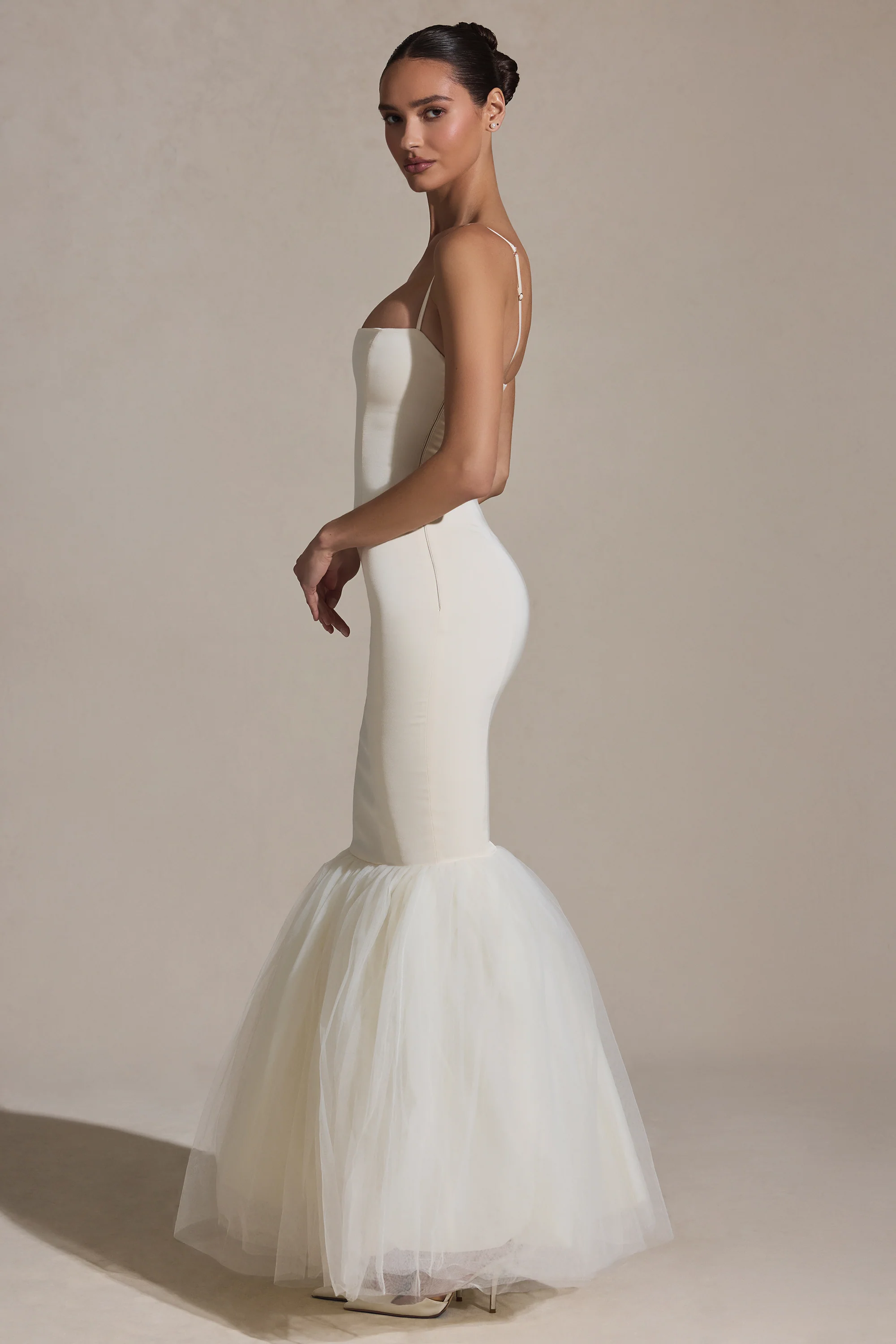 Tulle Hem Fishtail Gown in Ivory