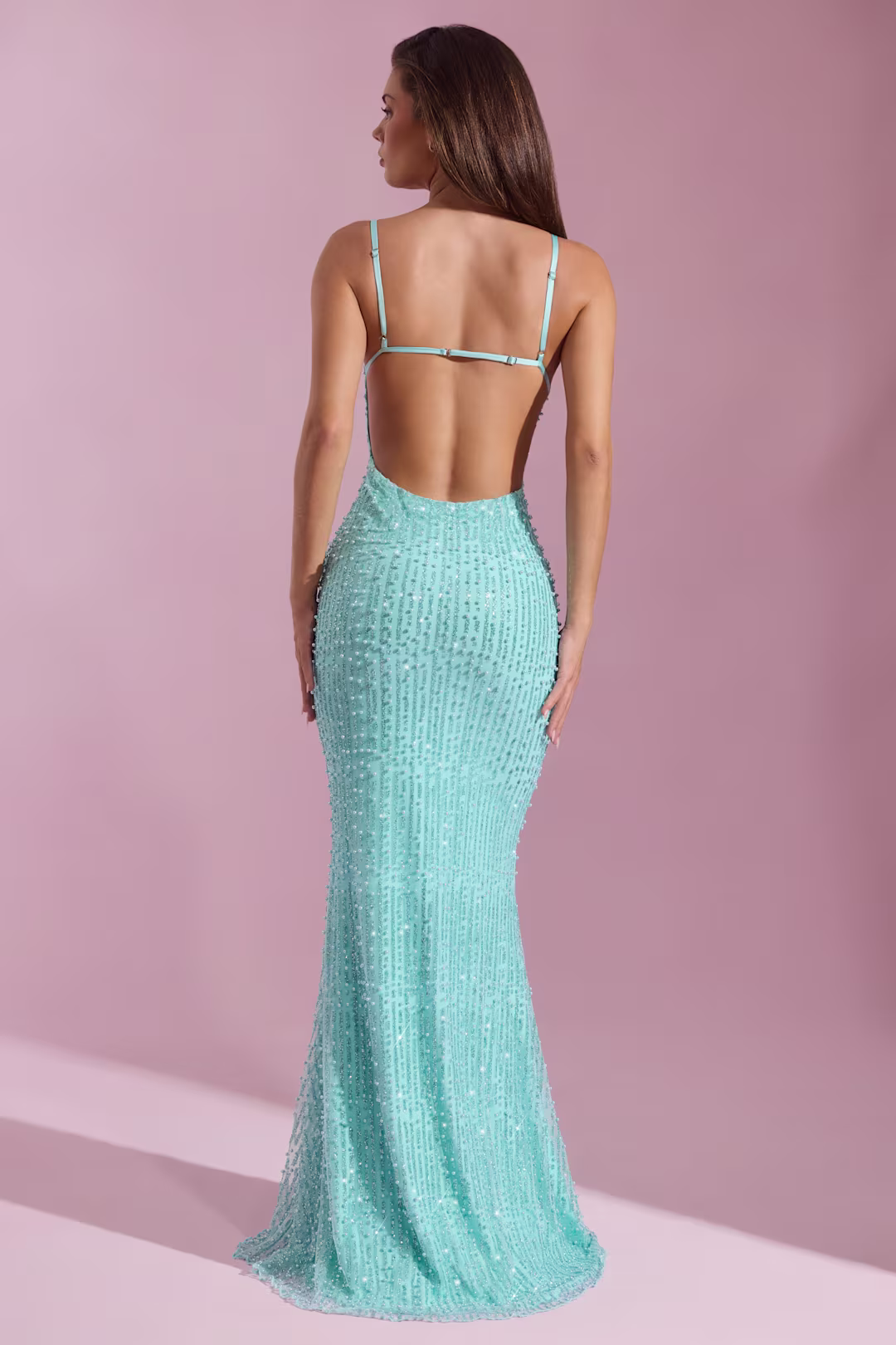 Embellished Cowl-Neck Backless Maxi Dress in Aqua Blue