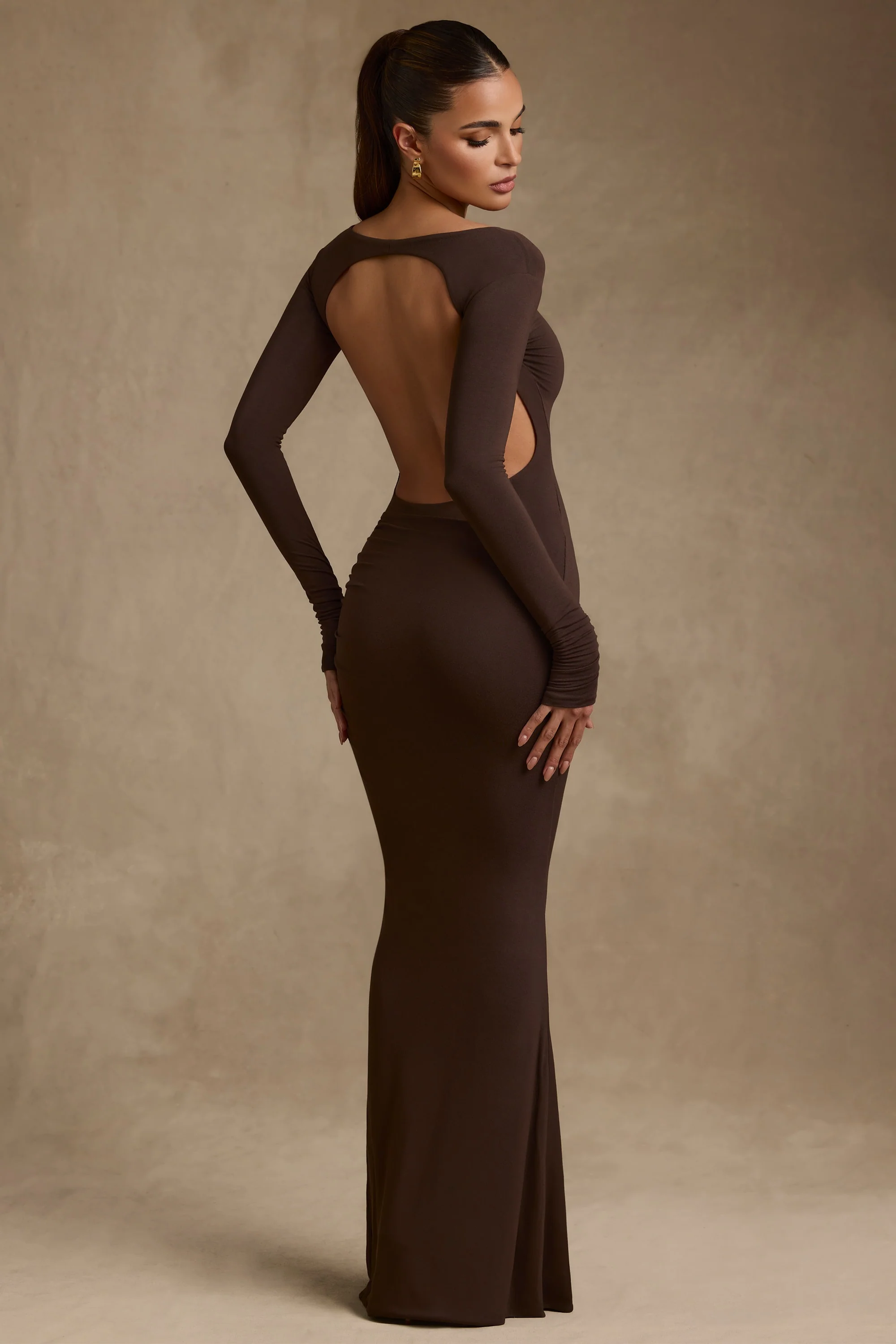 Modal Ruched Backless Maxi Dress in Chocolate Brown