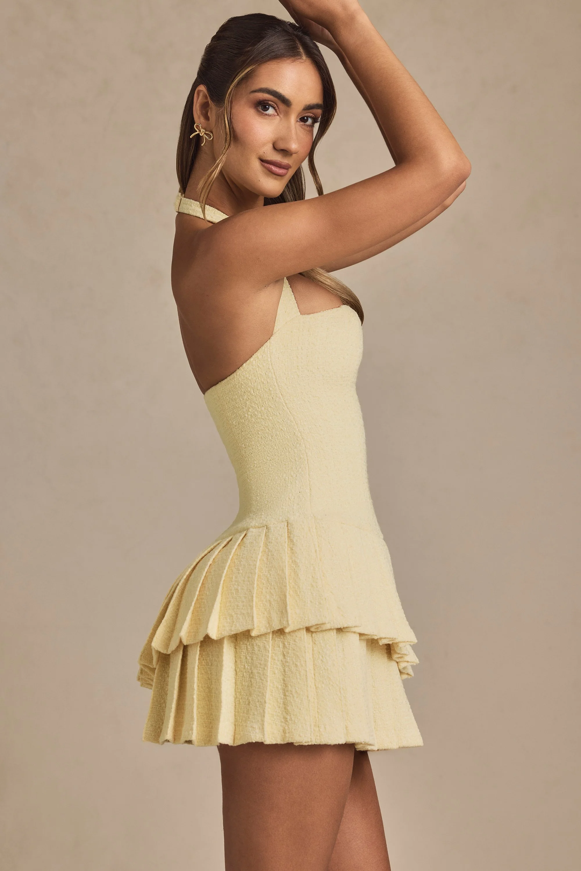 Asymmetric Layered Halterneck Mini Dress in Pastel Yellow