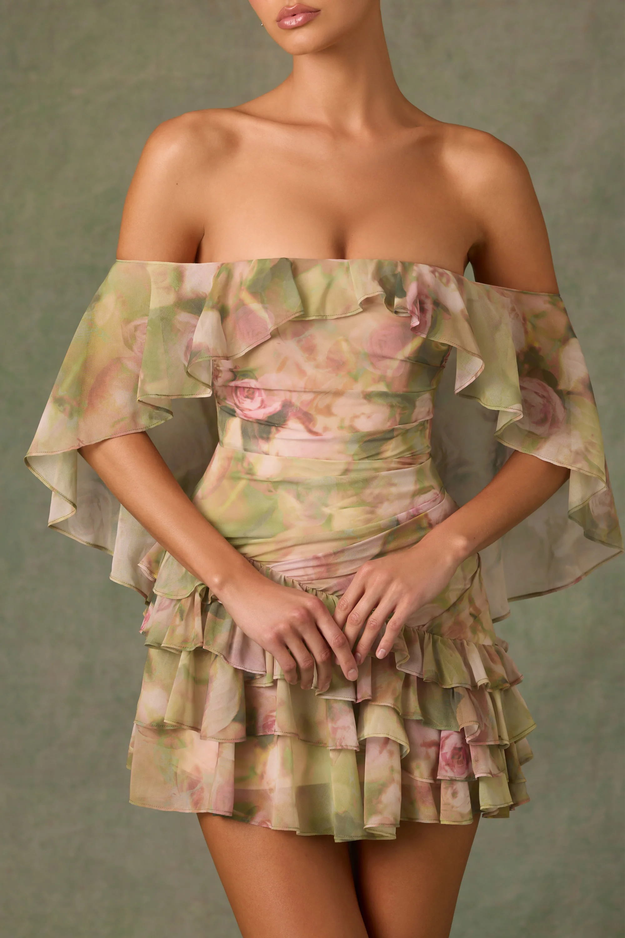 Off-Shoulder Ruffled Mini Dress in Floral Multi Print