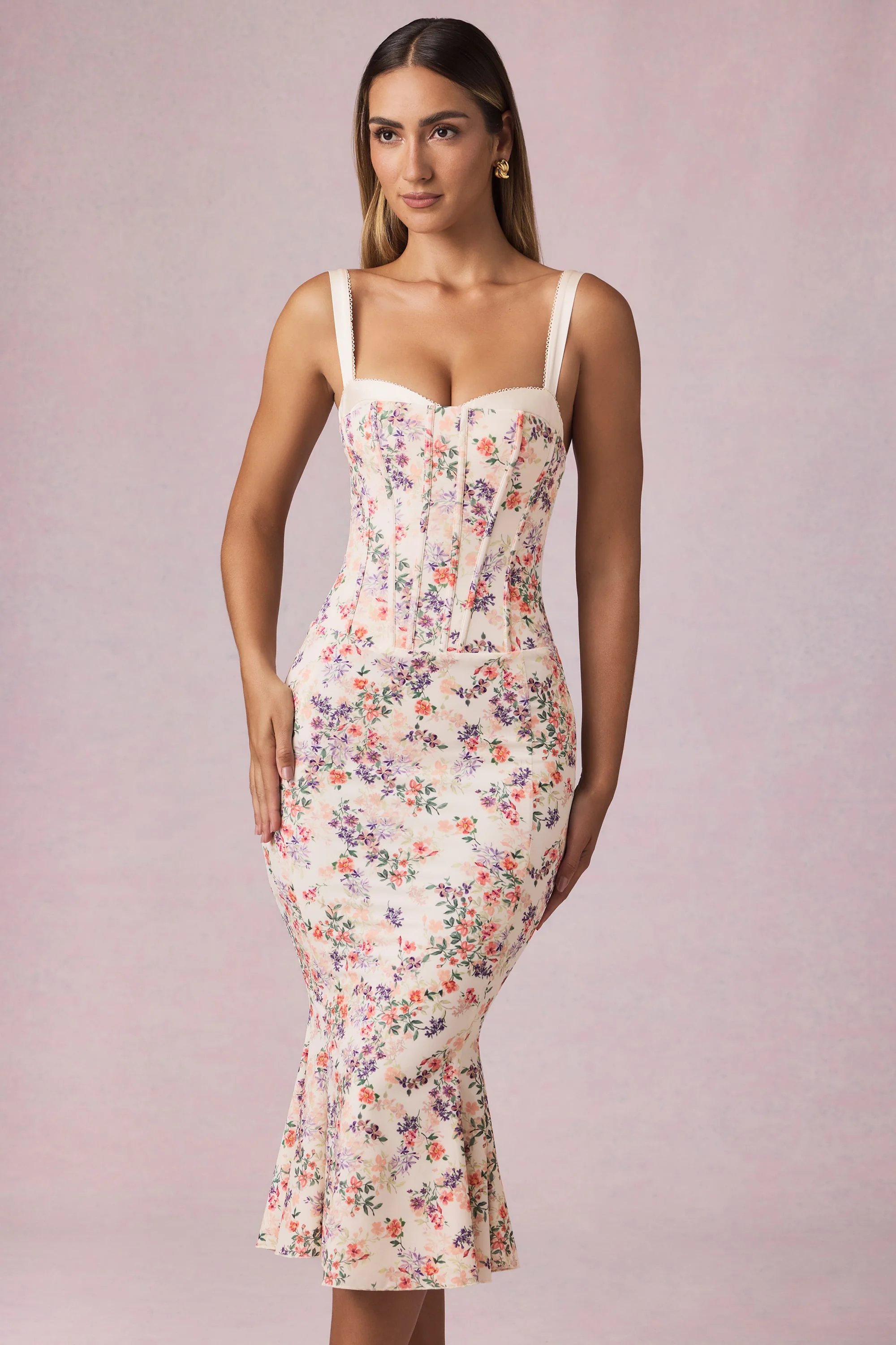 Layered Bra-Detail Fishtail Midaxi Dress in Primrose Floral Print