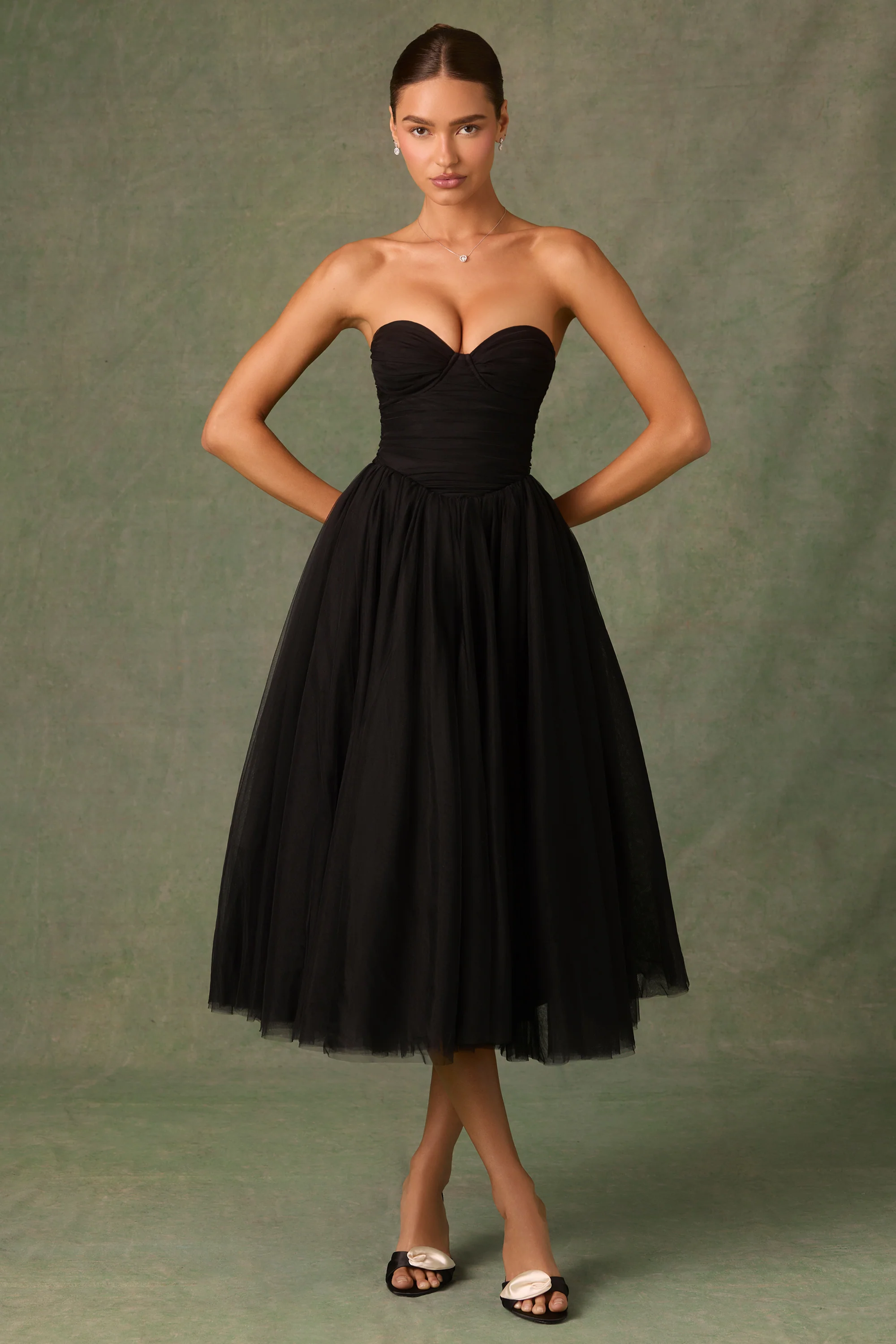 Tulle Corset Midaxi Dress in Black