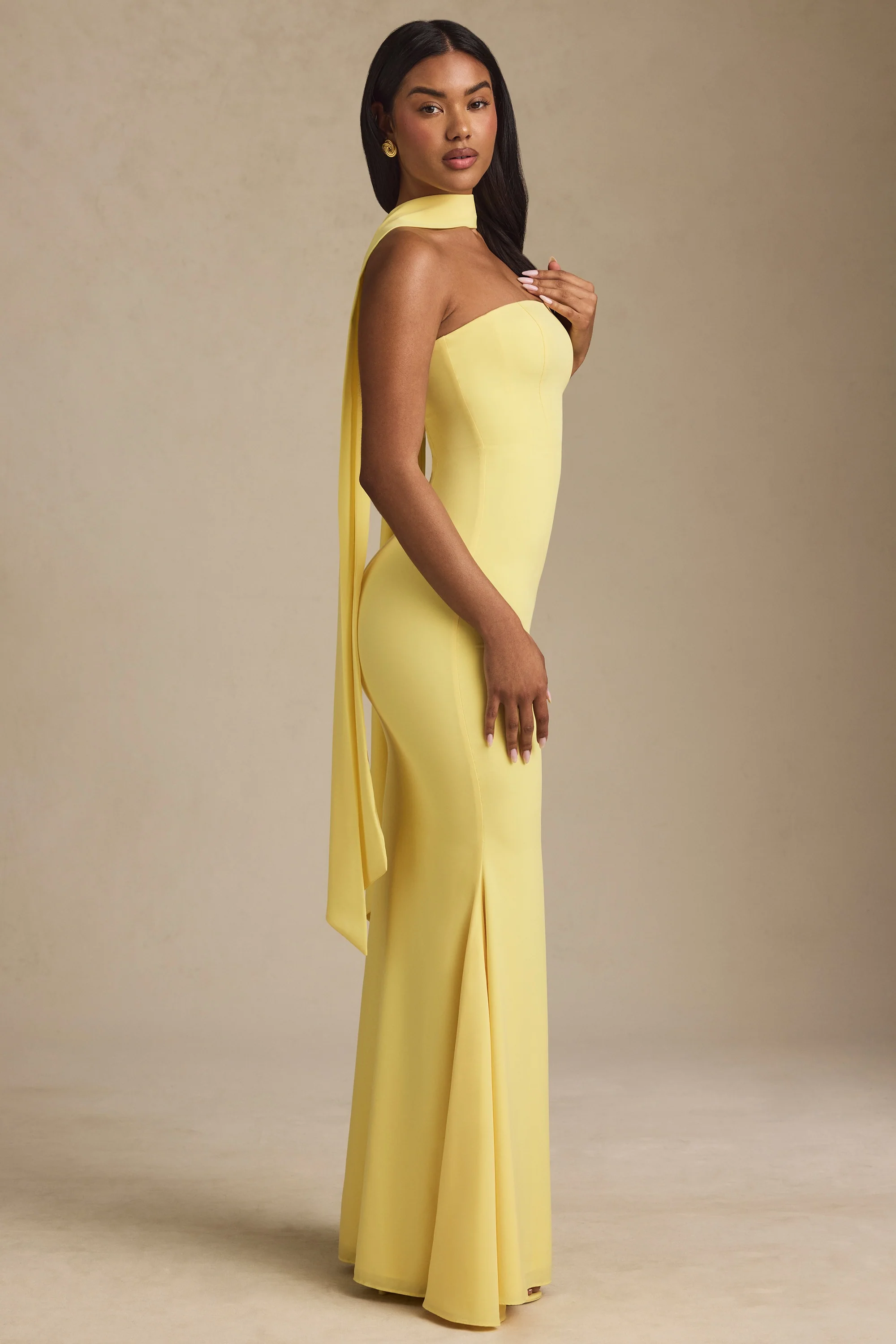 Scarf-Detail Strapless Gown in Pastel Yellow