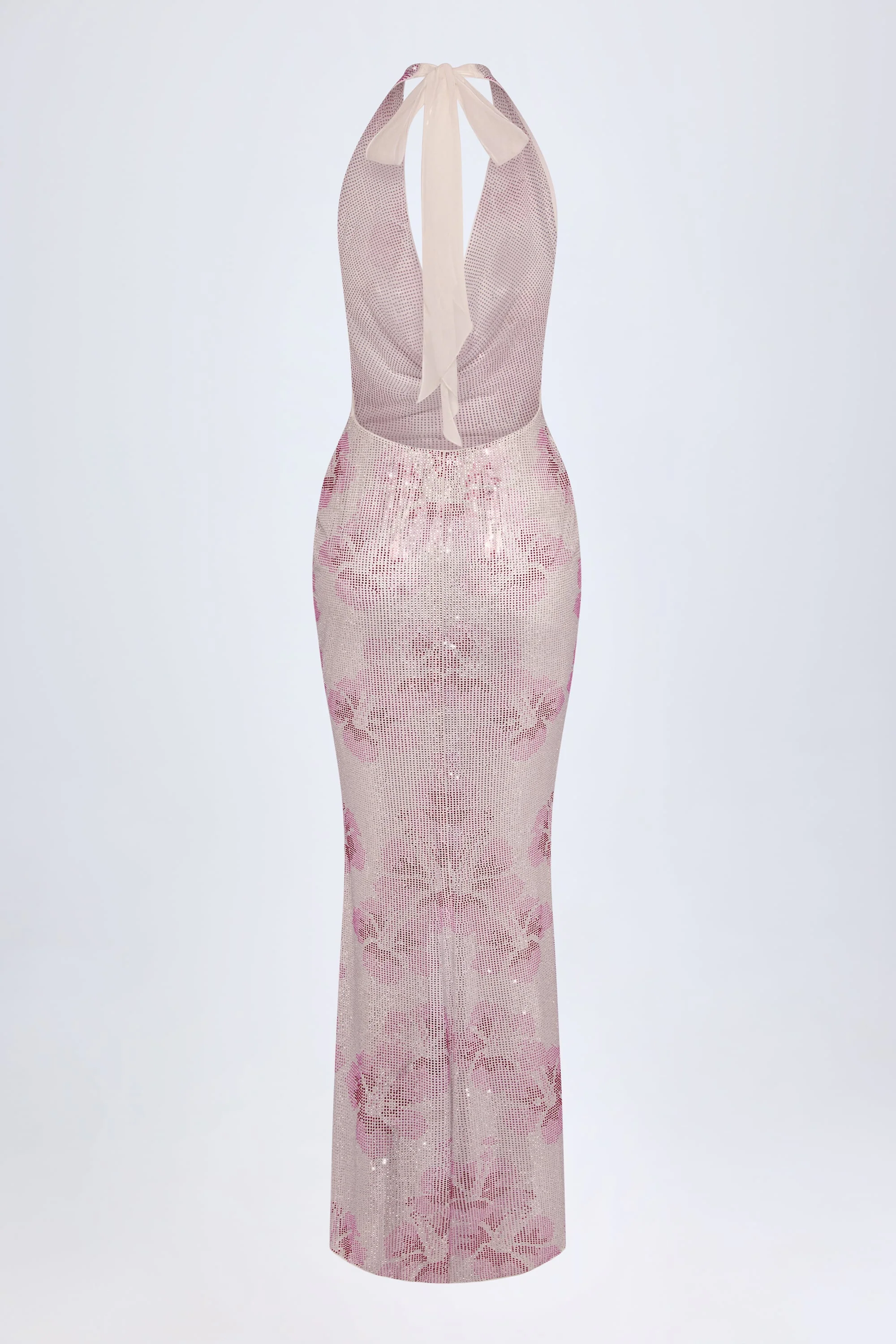 Embellished Cowl-Neck Maxi Dress in Pink and White Hotfix