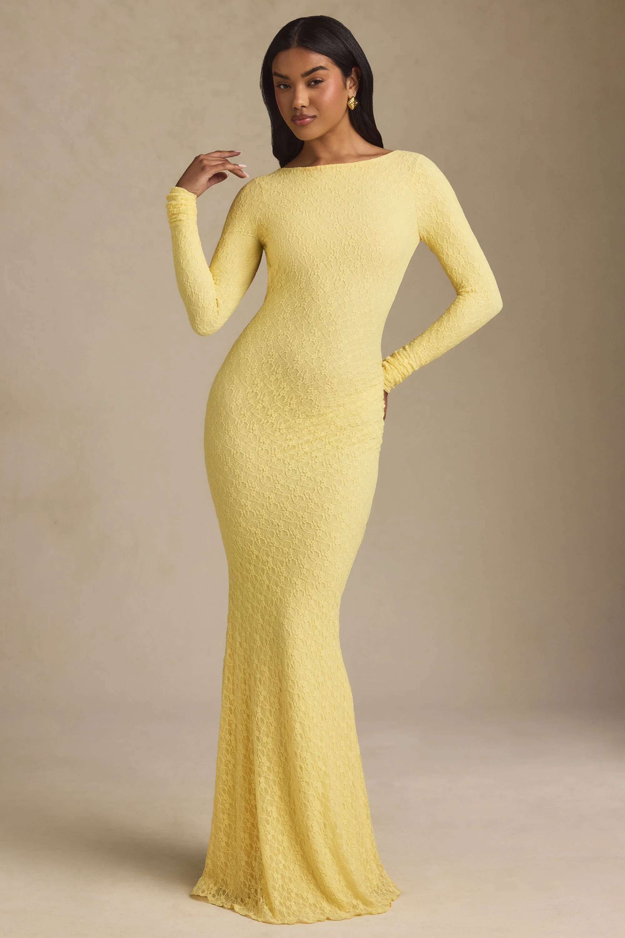 Ruched Backless Lace Maxi Dress in Pastel Yellow