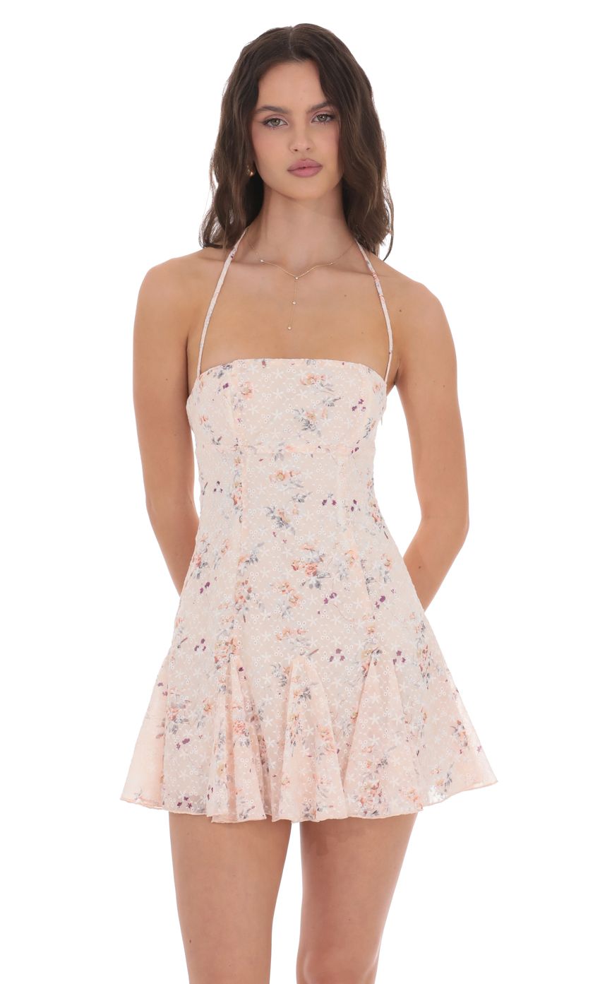 Floral Eyelet Halter Flare Dress in Pastel Pink