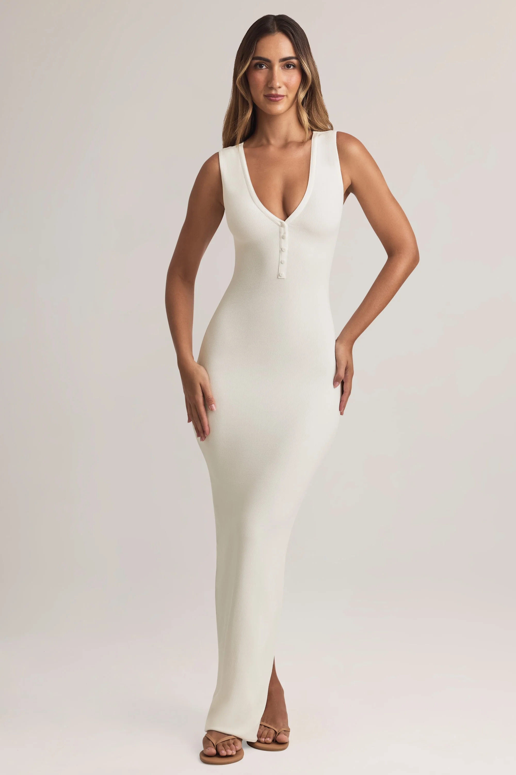 Modal Button-Detail Maxi Dress in White