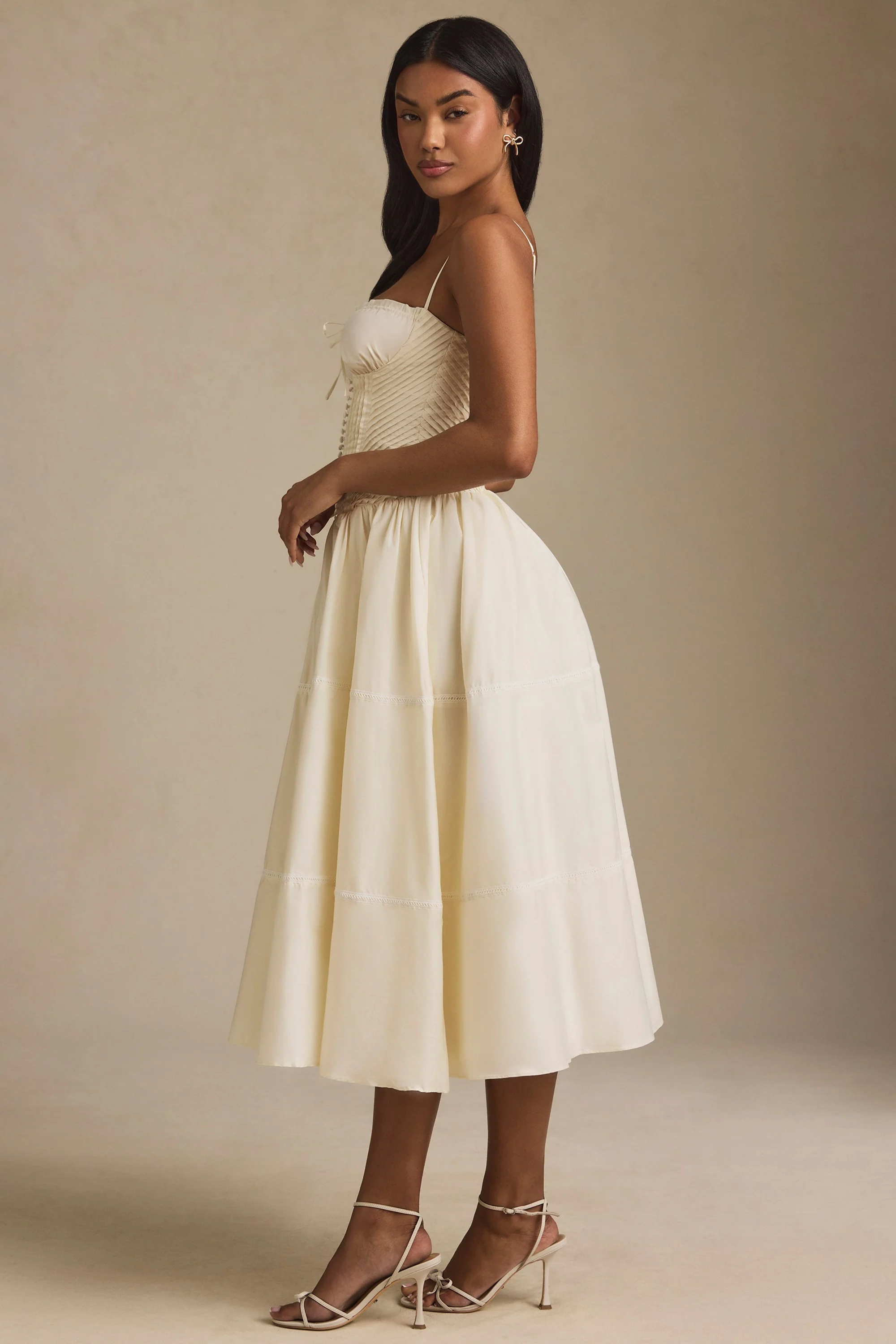 Lace-Trim Pintucked Poplin Midaxi Dress in Ivory