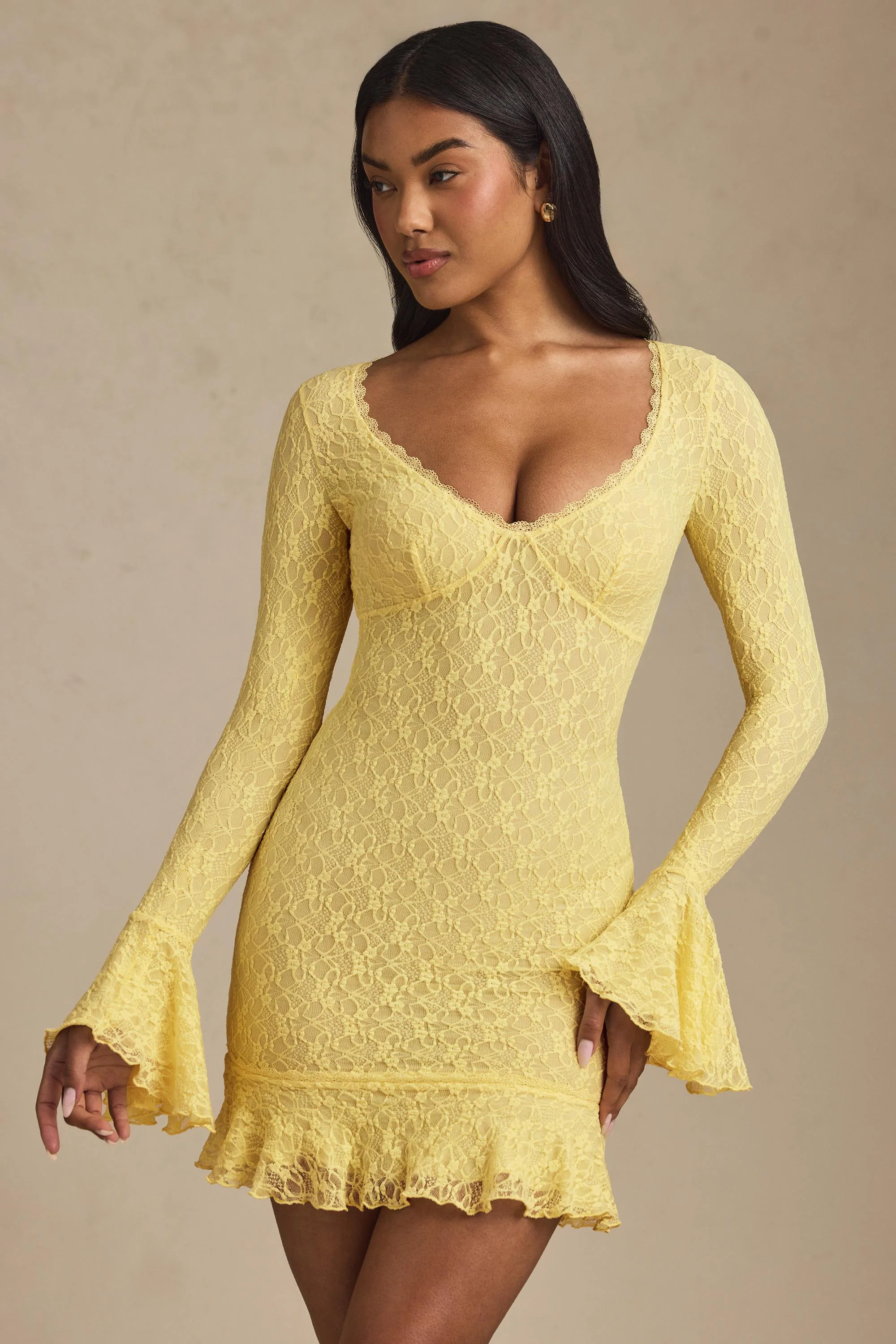 Long-Sleeve Ruffled Lace Mini Dress in Pastel Yellow