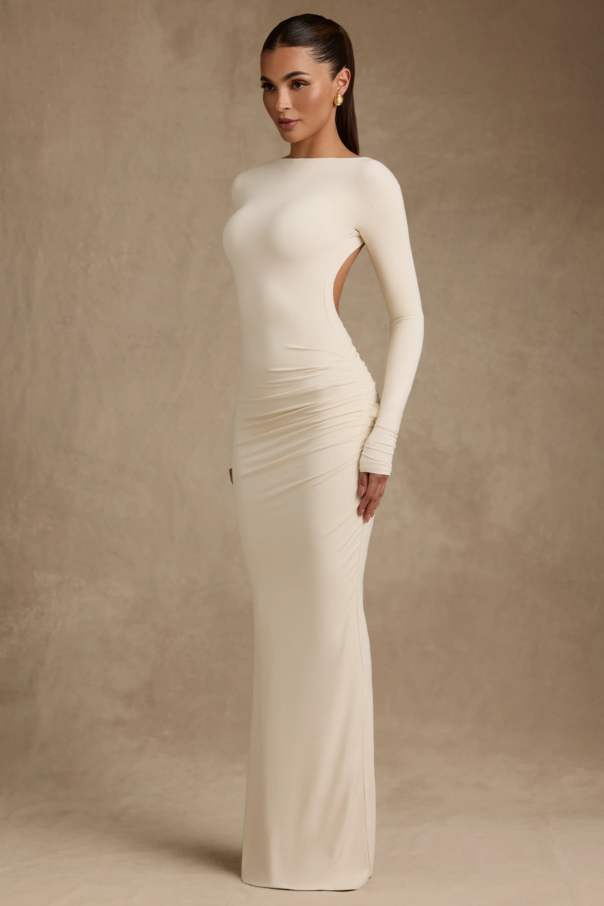 Modal Ruched Backless Maxi Dress in Ivory