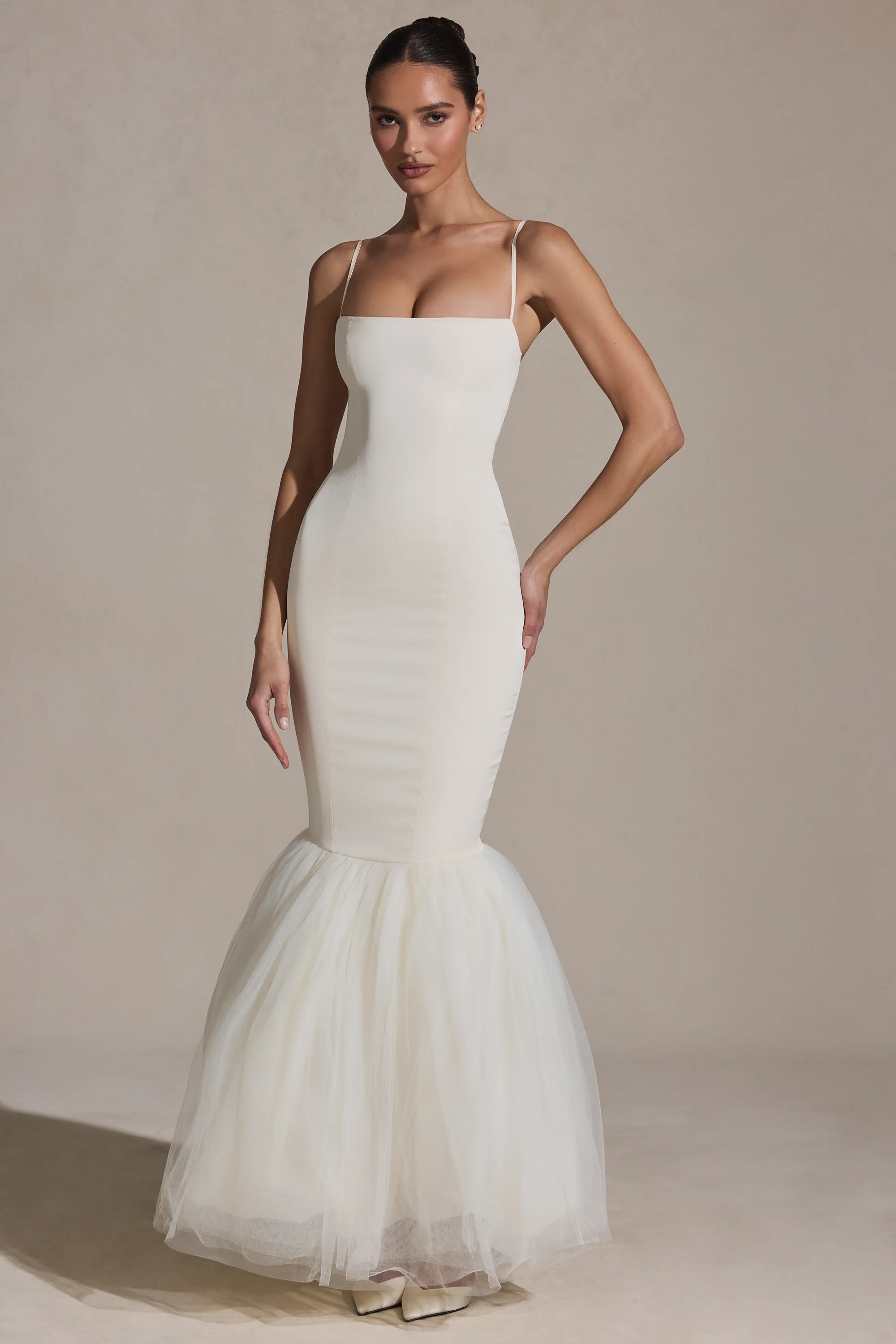Tulle Hem Fishtail Gown in Ivory