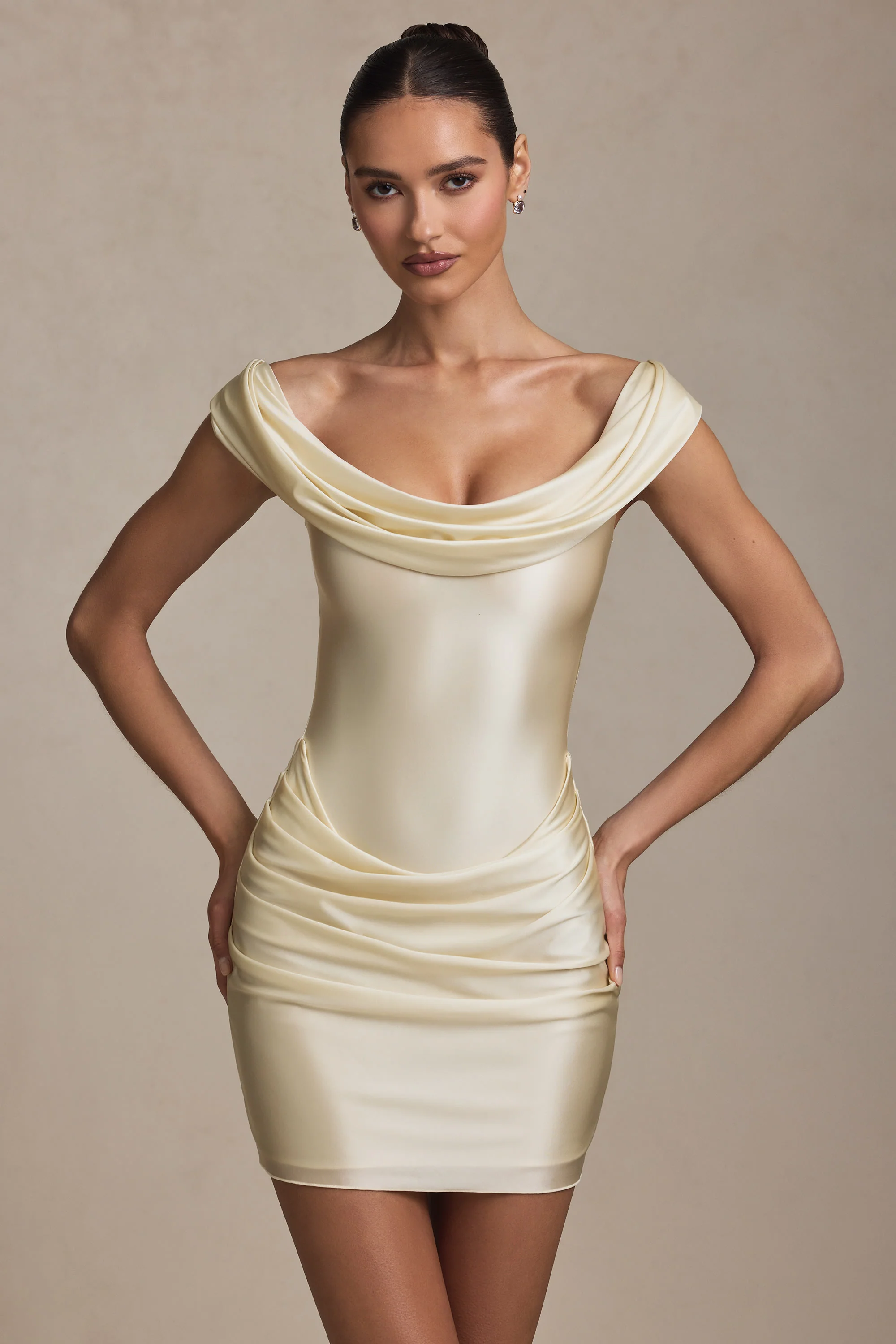 Off-Shoulder Draped Mini Dress in Ivory
