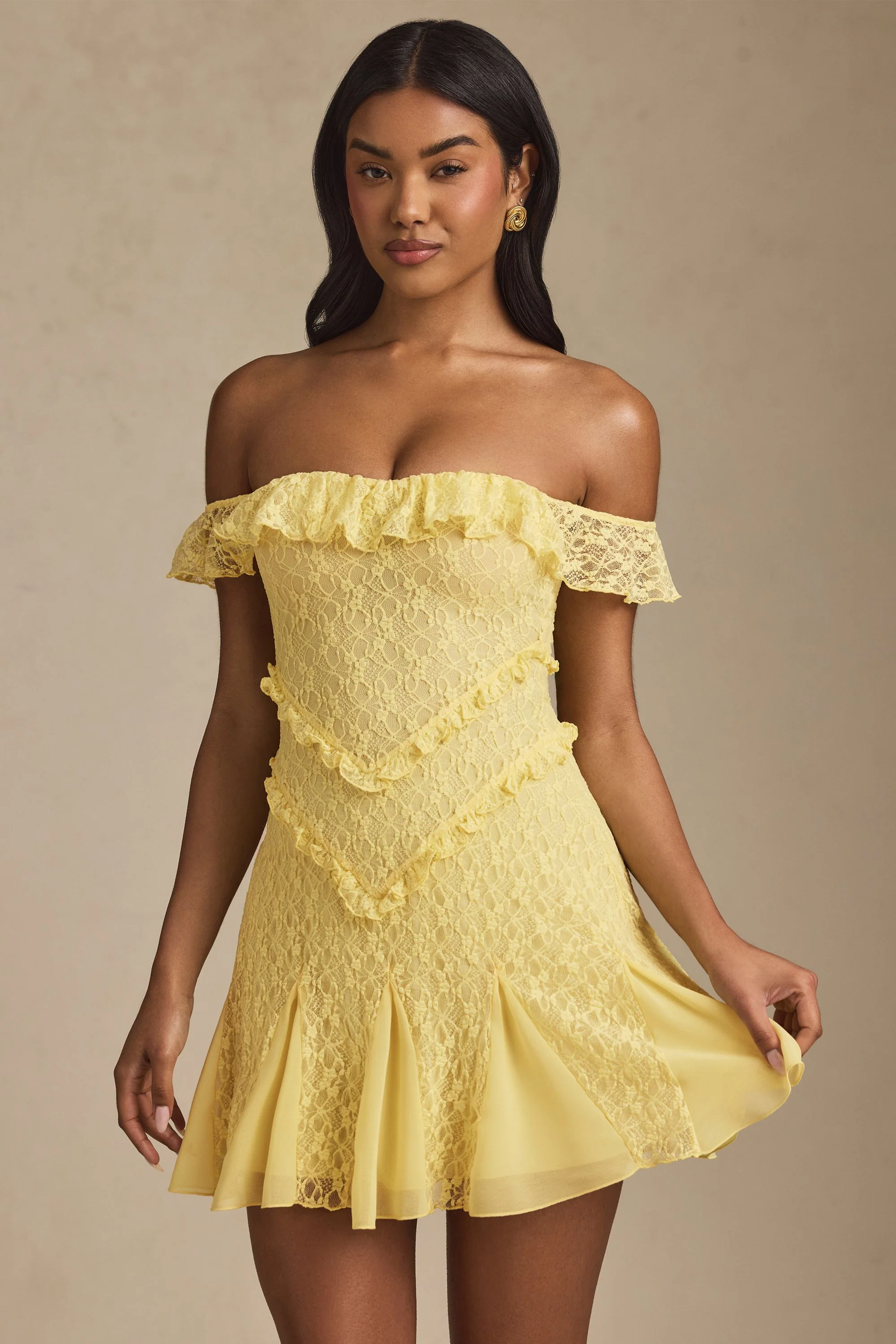 Off-Shoulder Lace A-Line Mini Dress in Pastel Yellow