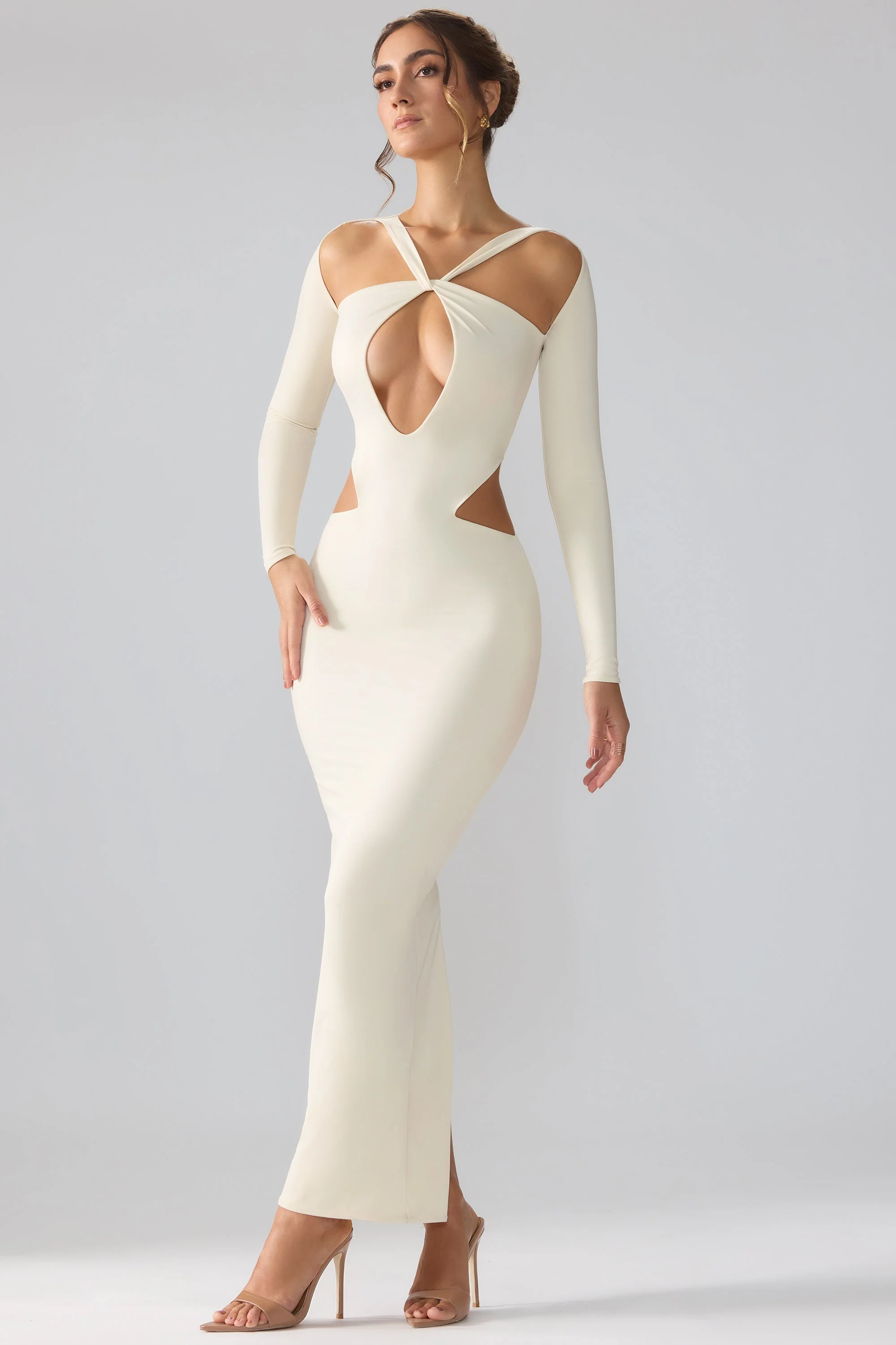 Premium Jersey Long Sleeve Cut Out Maxi Dress in Ivory