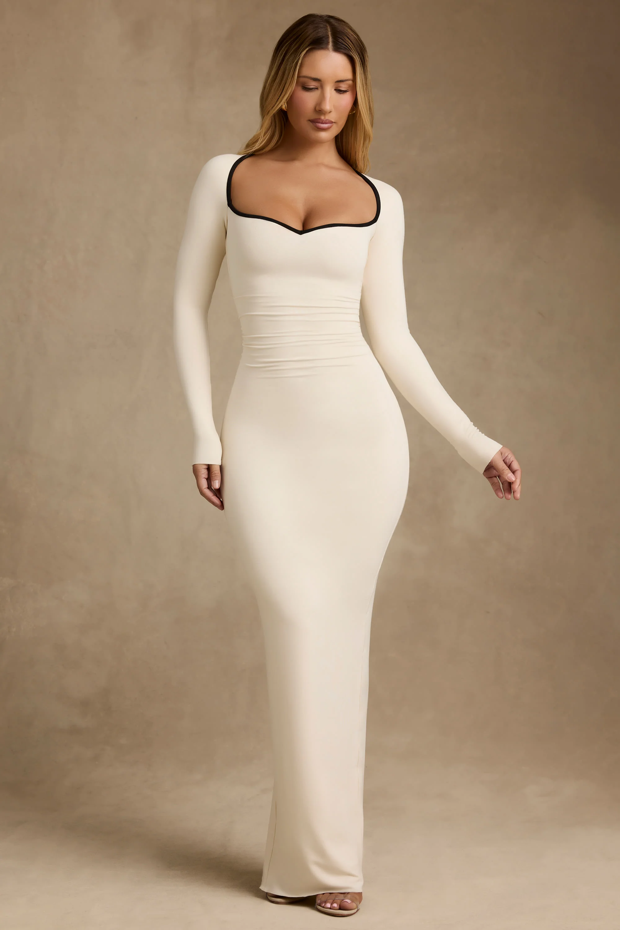 Modal Contrast-Trim Maxi Dress in Ivory