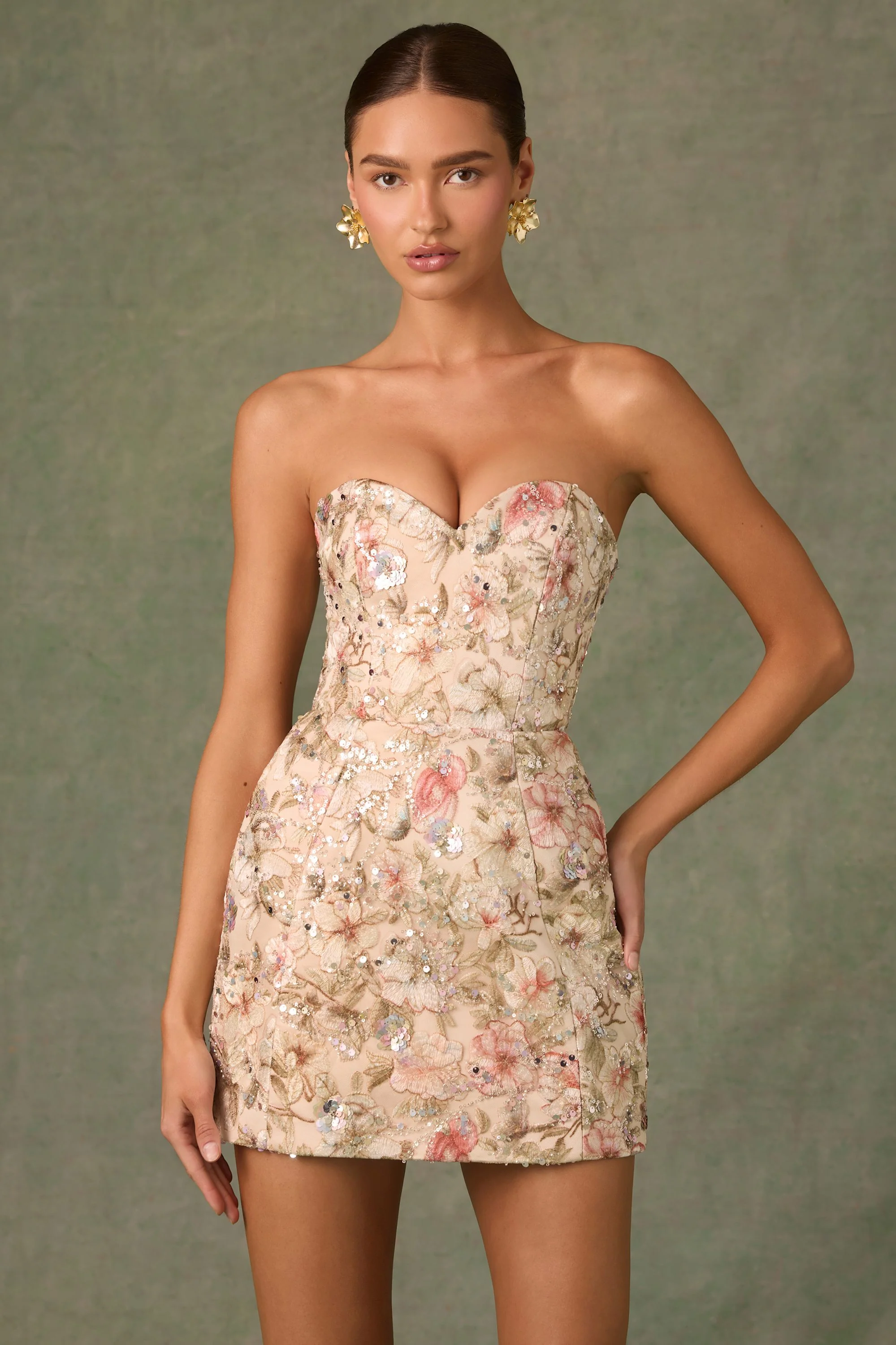Embellished Strapless A-Line Mini Dress in Floral Beige