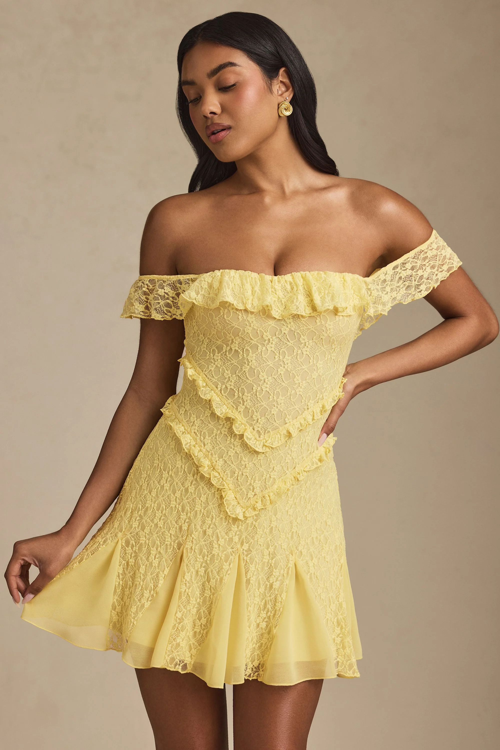 Off-Shoulder Lace A-Line Mini Dress in Pastel Yellow