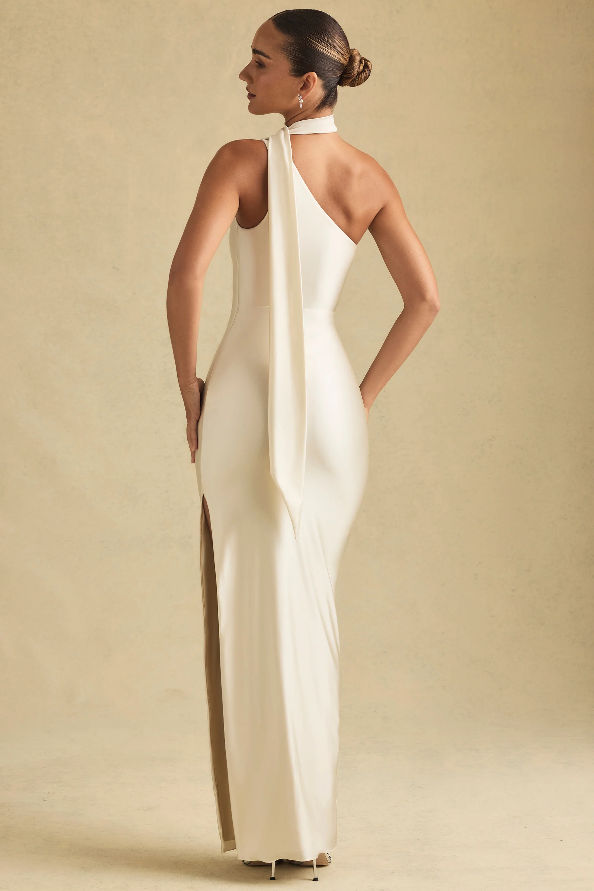 Asymmetric Scarf-Detail Maxi Dress in Ivory