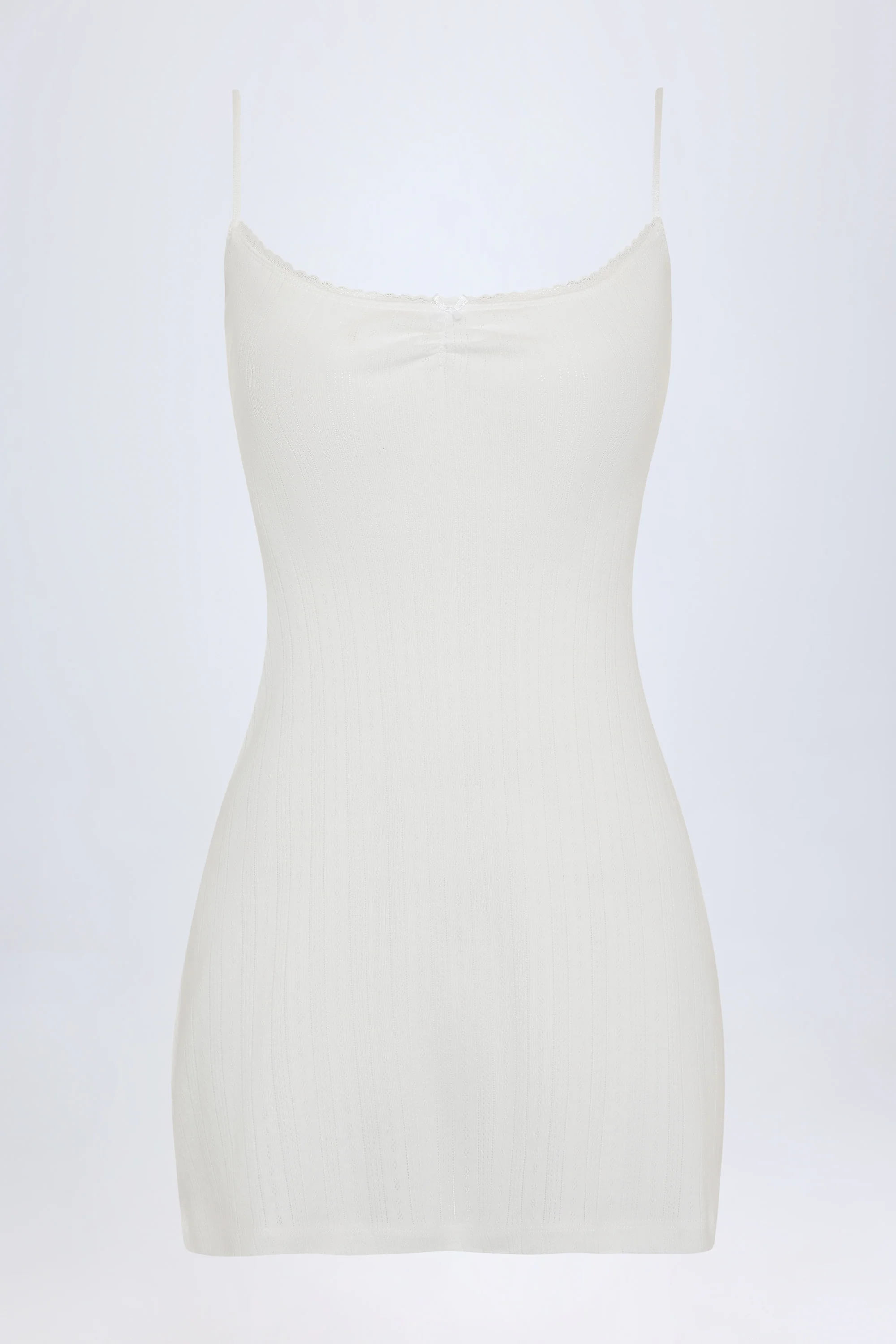 Pointelle Ruched A-Line Mini Dress in White