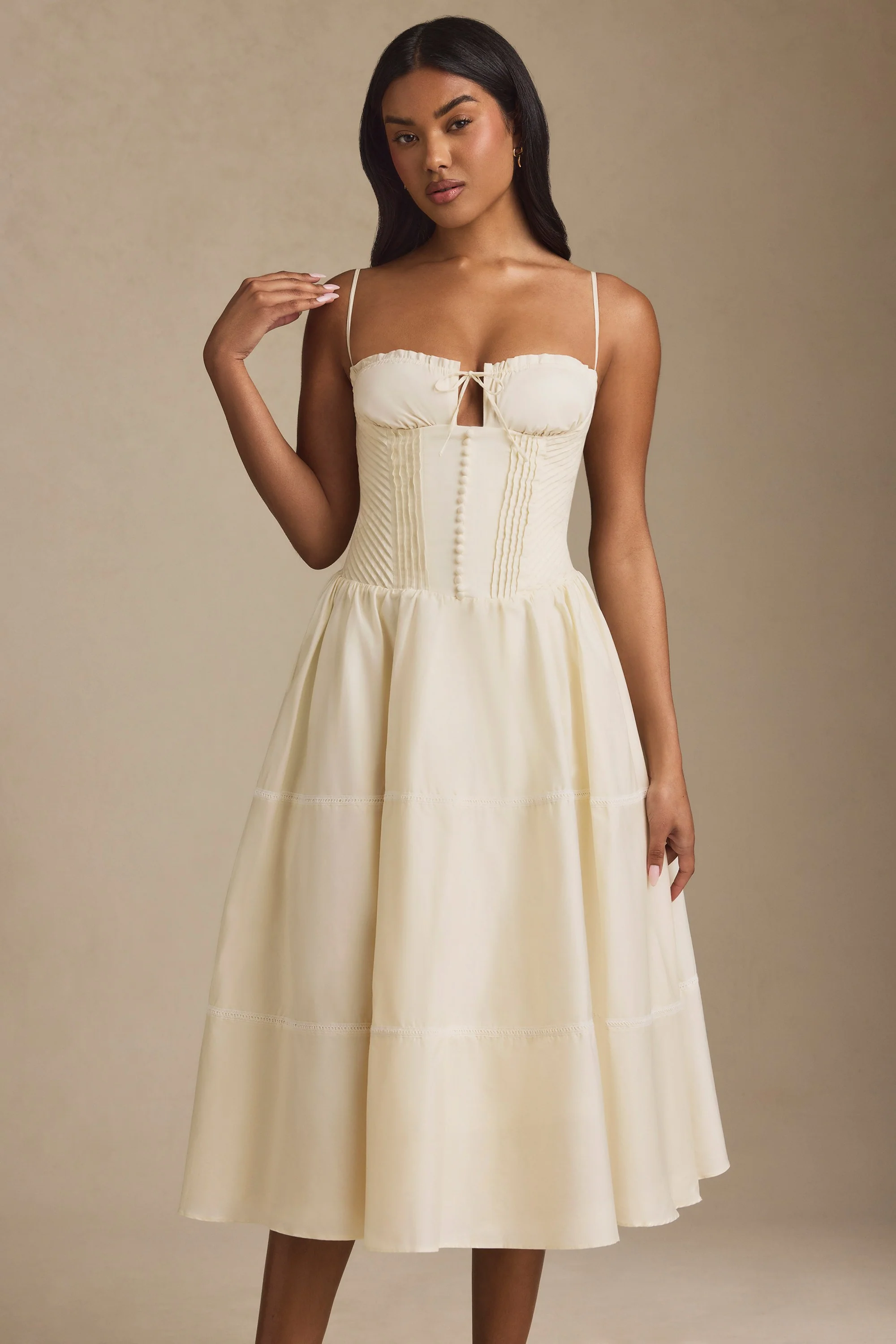 Lace-Trim Pintucked Poplin Midaxi Dress in Ivory