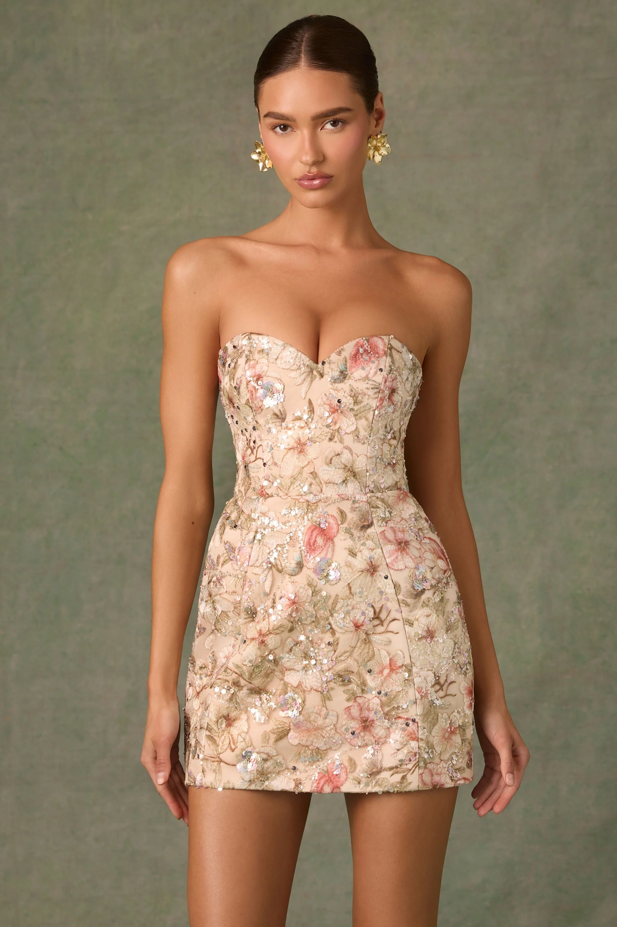 Embellished Strapless A-Line Mini Dress in Floral Beige