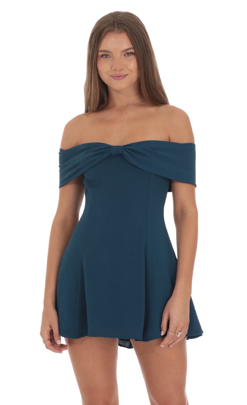 Front Bow Off Shoulder Dress in Dark Teal