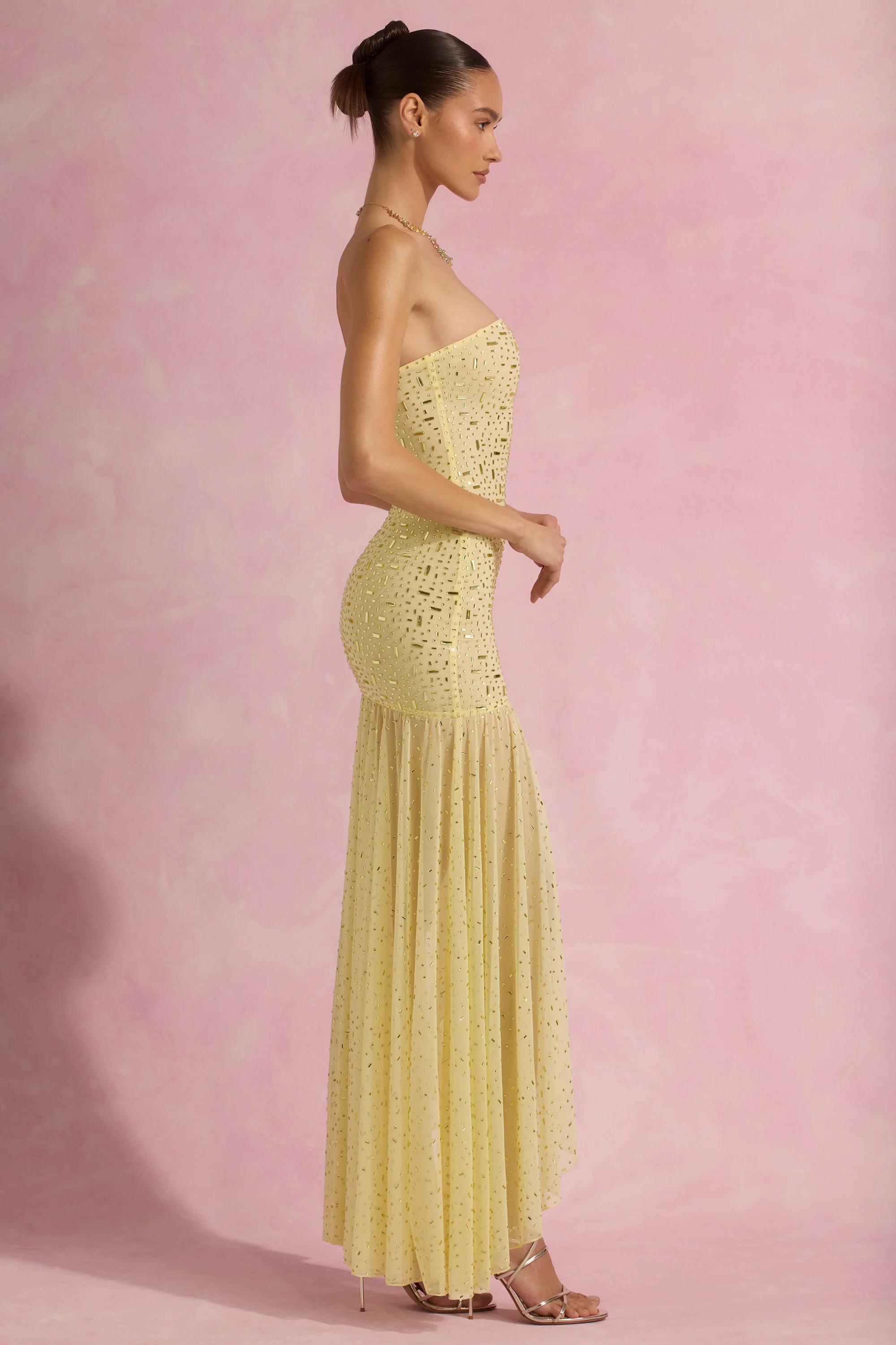 Semi-Sheer Embellished Asymmetric Maxi Dress in Yellow