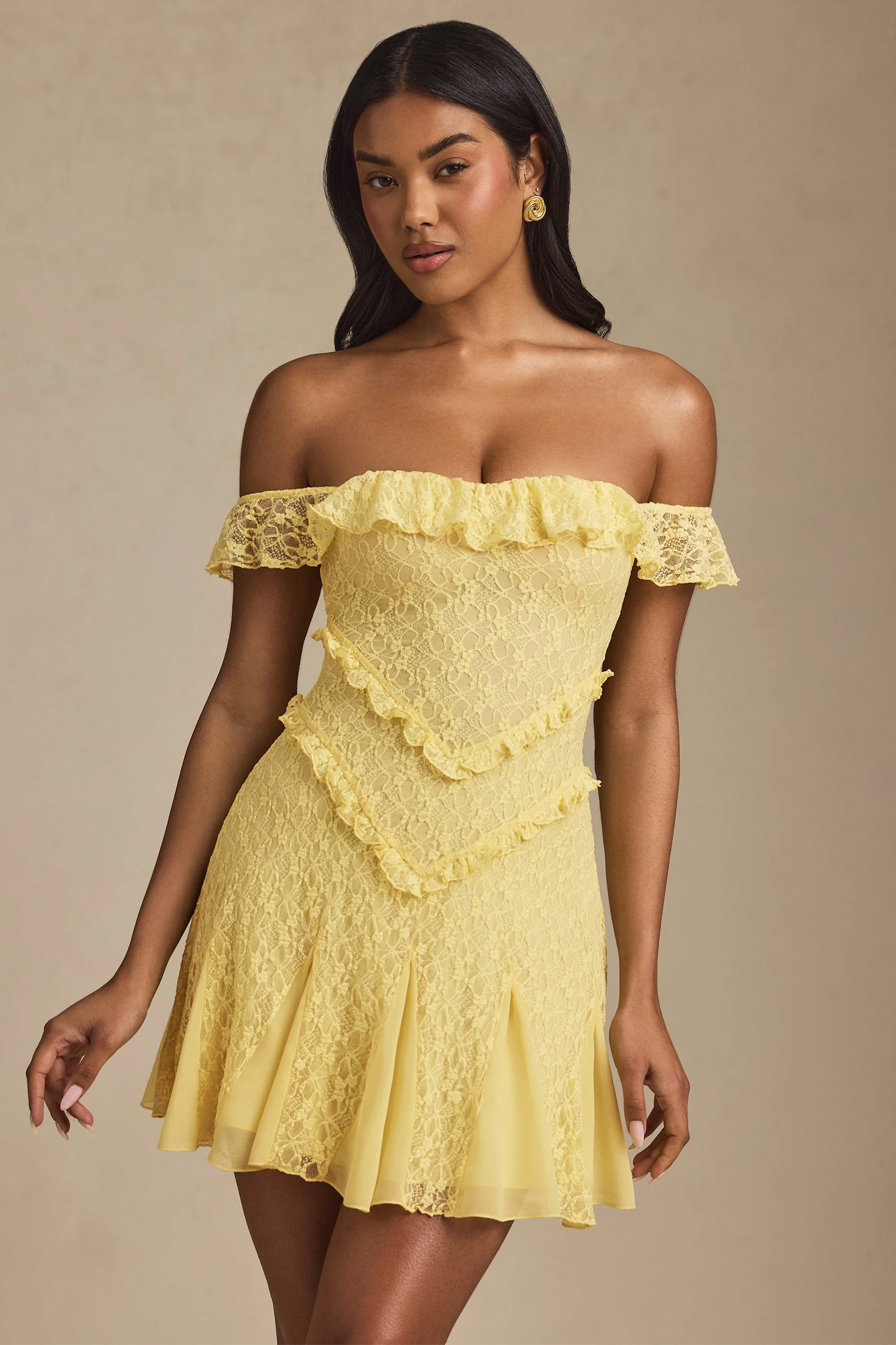 Off-Shoulder Lace A-Line Mini Dress in Pastel Yellow