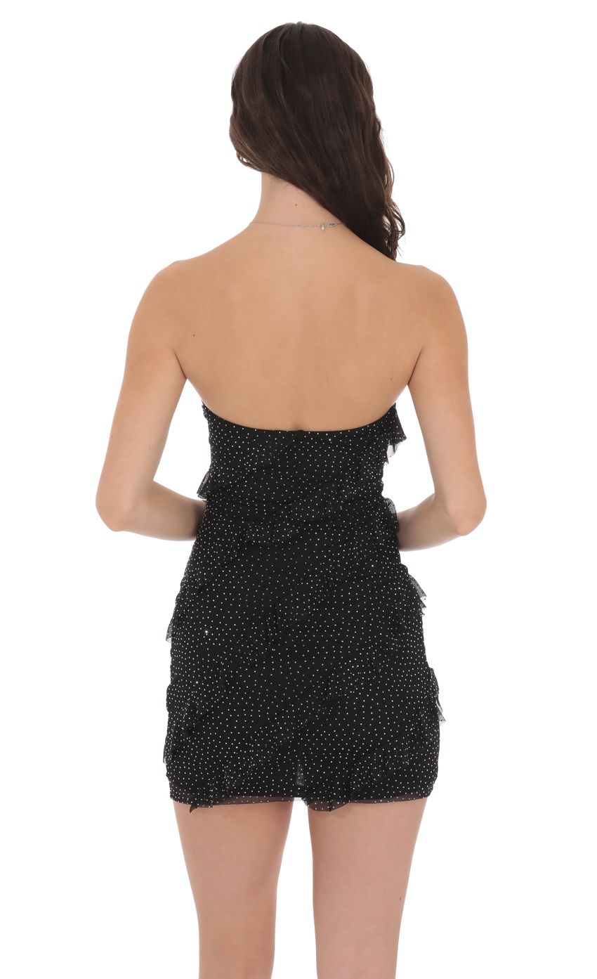 Mesh Rhinestone Strapless Ruffle Dress in Black