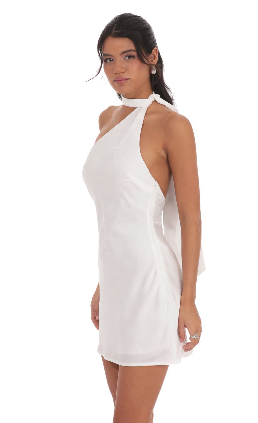Satin Jacquard Scarf Halter Dress in White